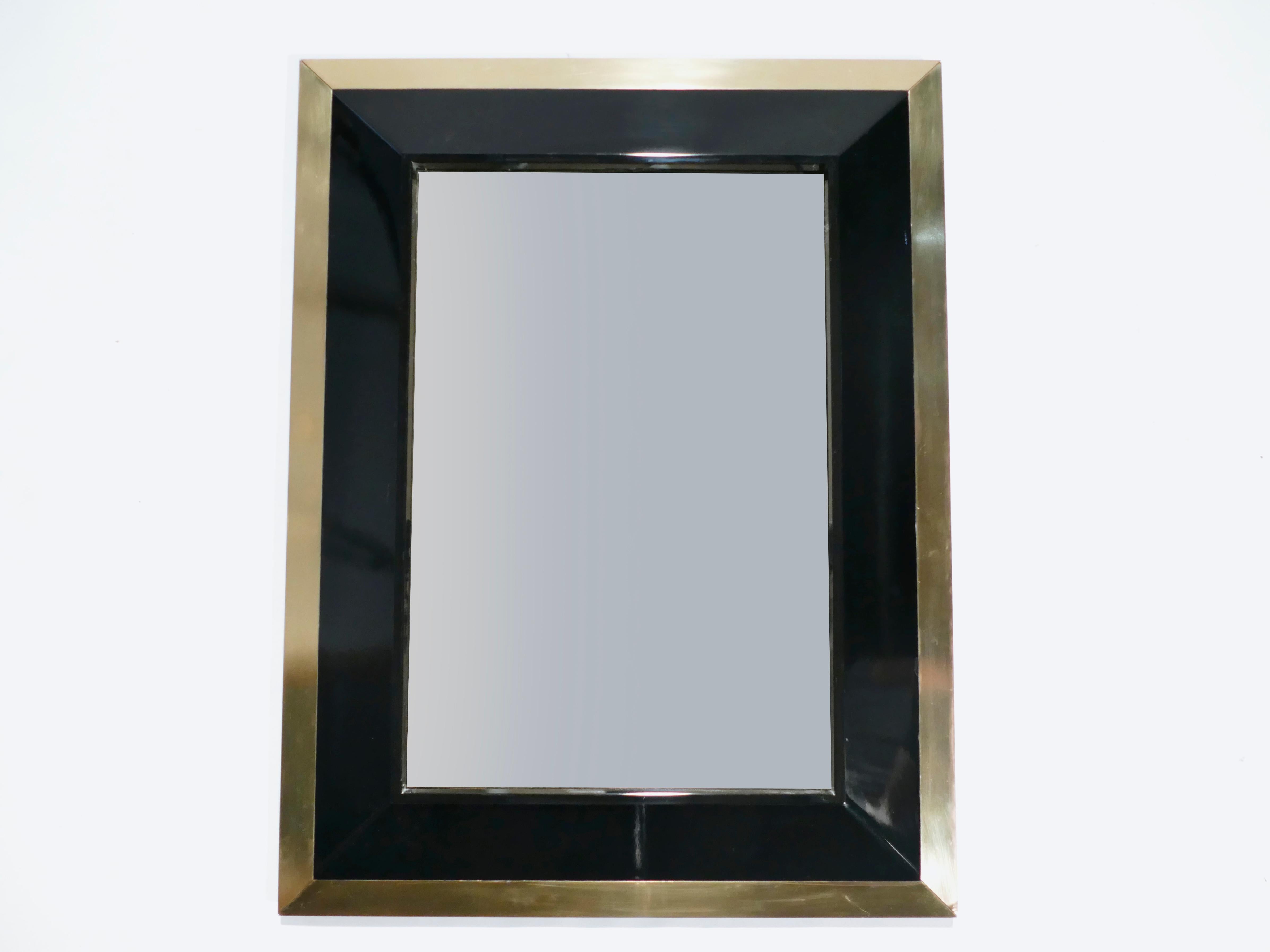 Mid-Century Modern French J.C. Mahey Wall Mirror in Black Lacquer and Brass, 1970s