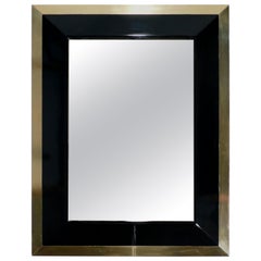 French J.C. Mahey Wall Mirror in Black Lacquer and Brass, 1970s