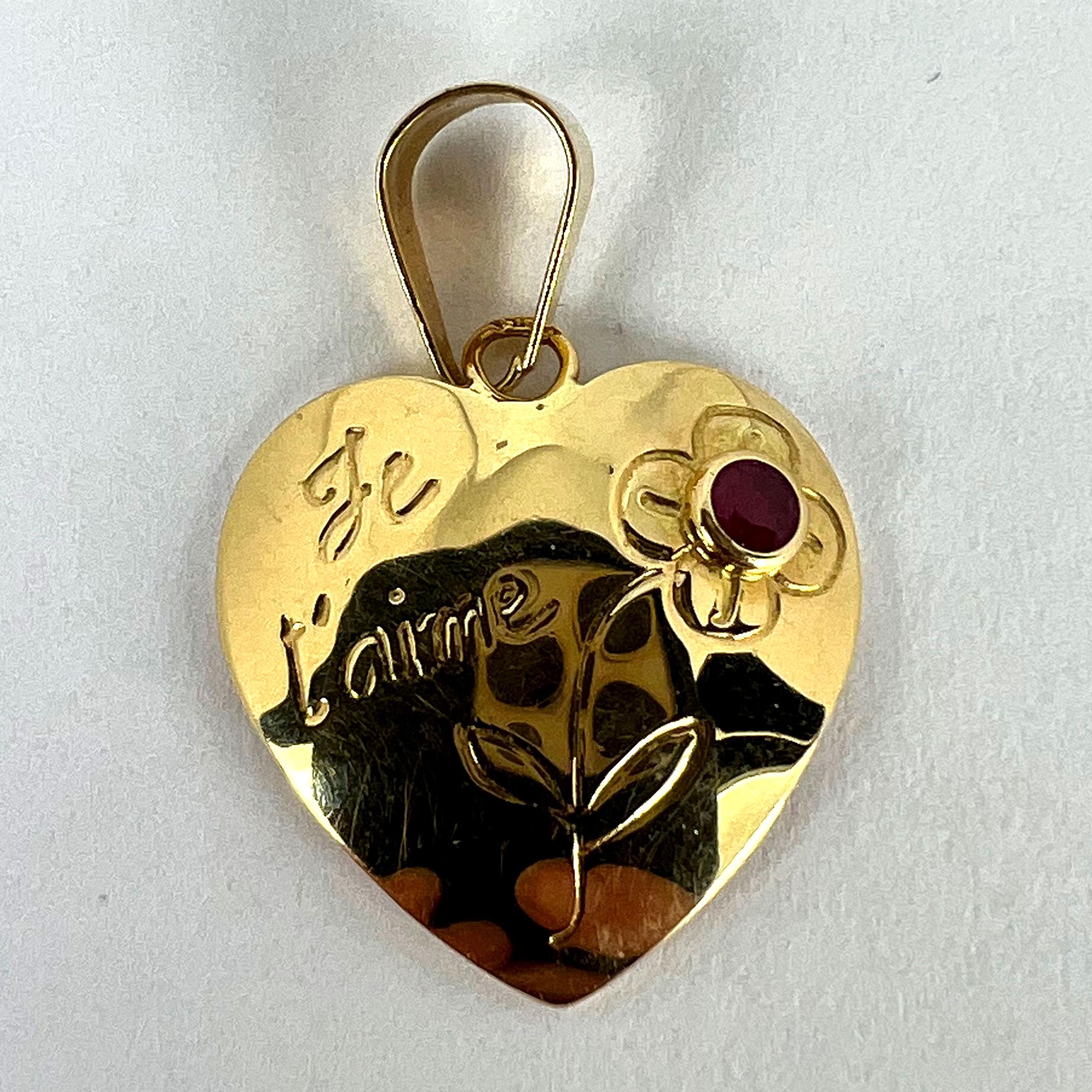 French Je T'aime Flower Heart 18K Yellow Gold Ruby Love Charm Pendant For Sale 6