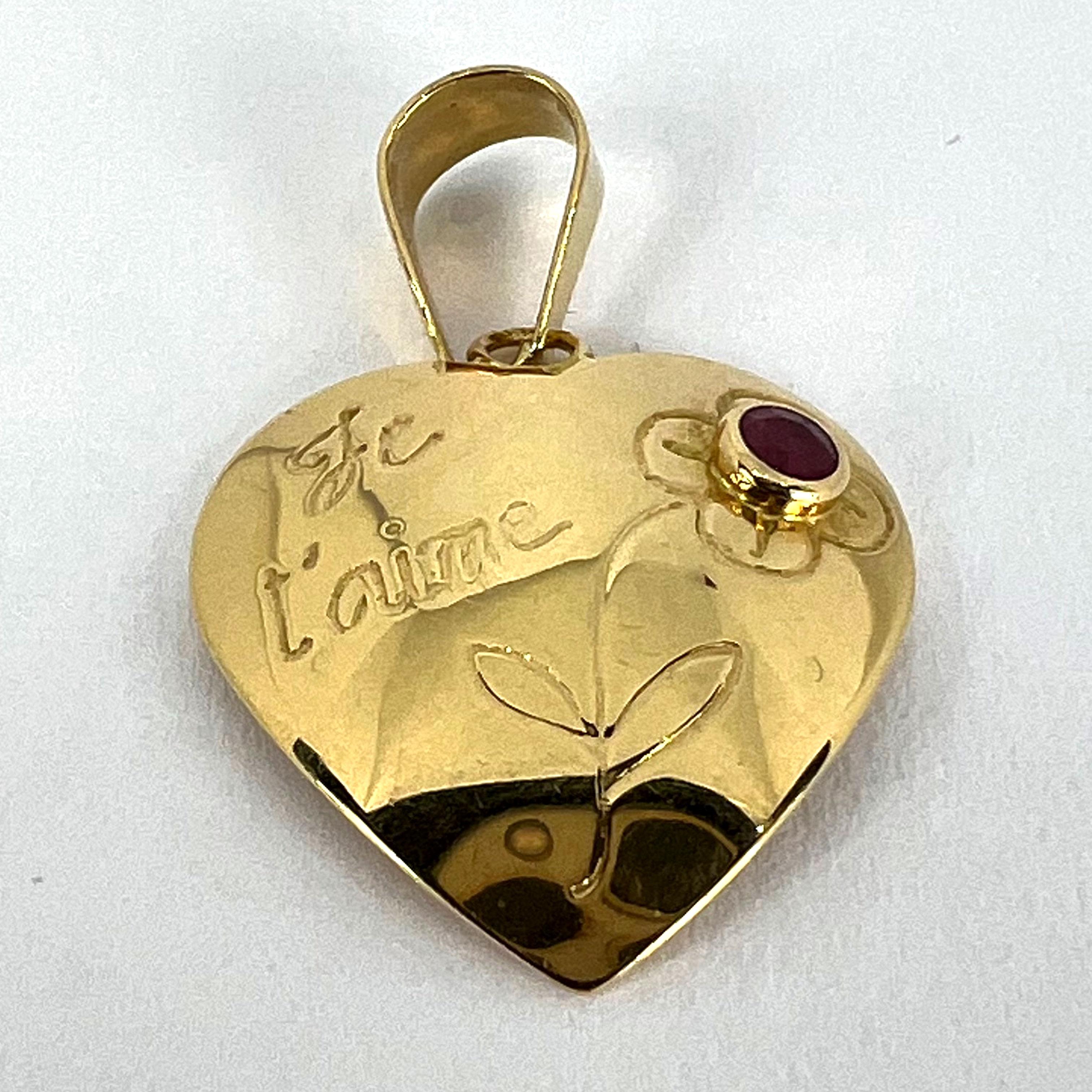 French Je T'aime Flower Heart 18K Yellow Gold Ruby Love Charm Pendant For Sale 7