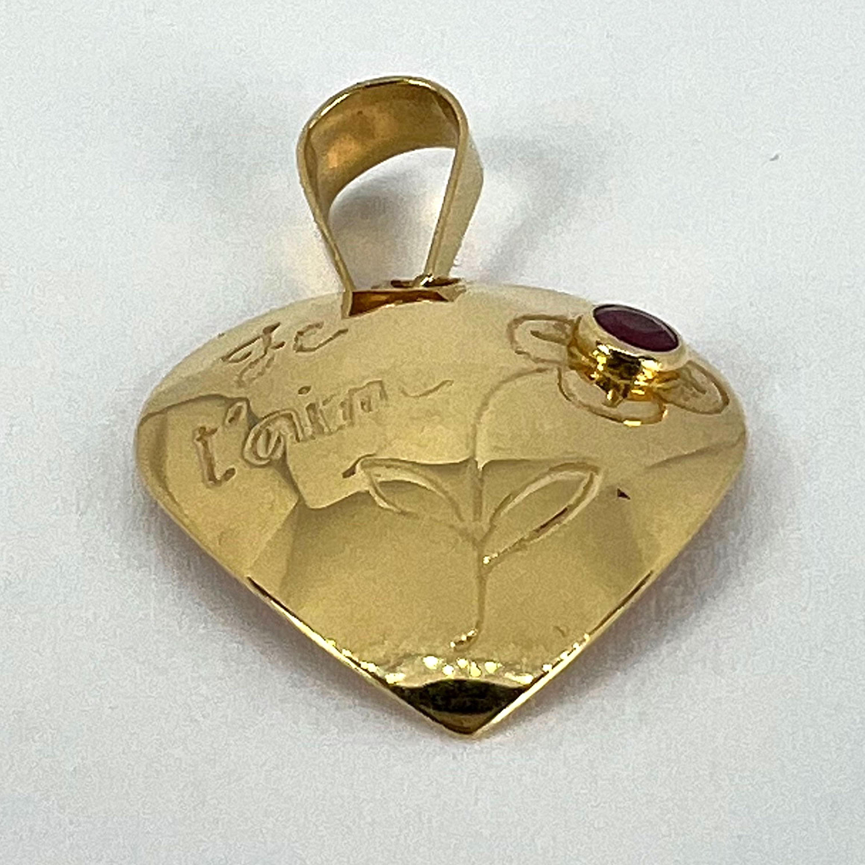 French Je T'aime Flower Heart 18K Yellow Gold Ruby Love Charm Pendant For Sale 8