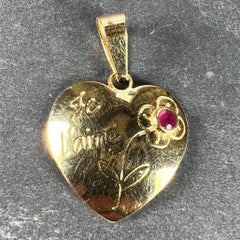 Je T'aime Pendentif français en forme de cœur en or jaune 18 carats avec rubis