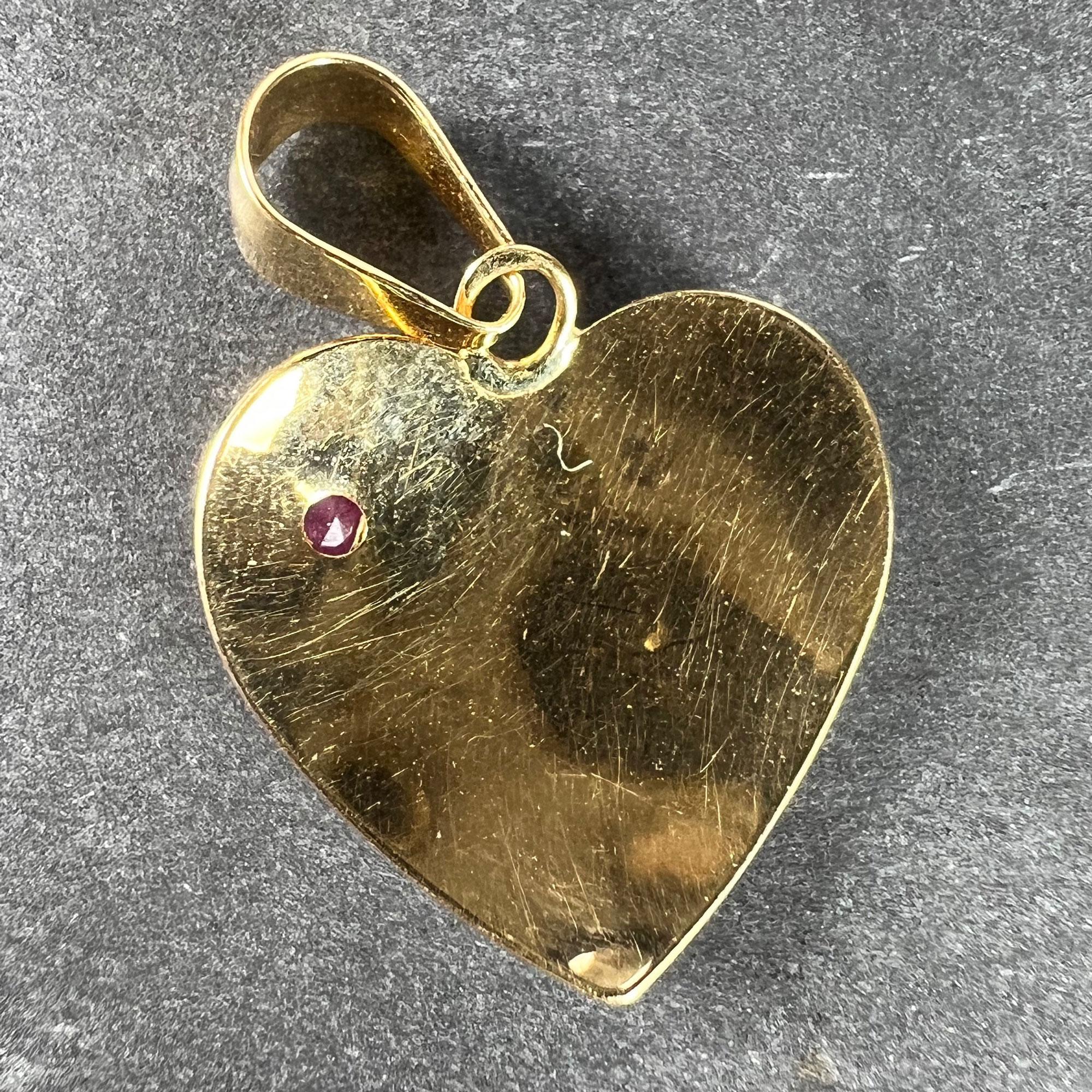 Round Cut French Je T'aime Flower Heart 18K Yellow Gold Ruby Love Charm Pendant For Sale