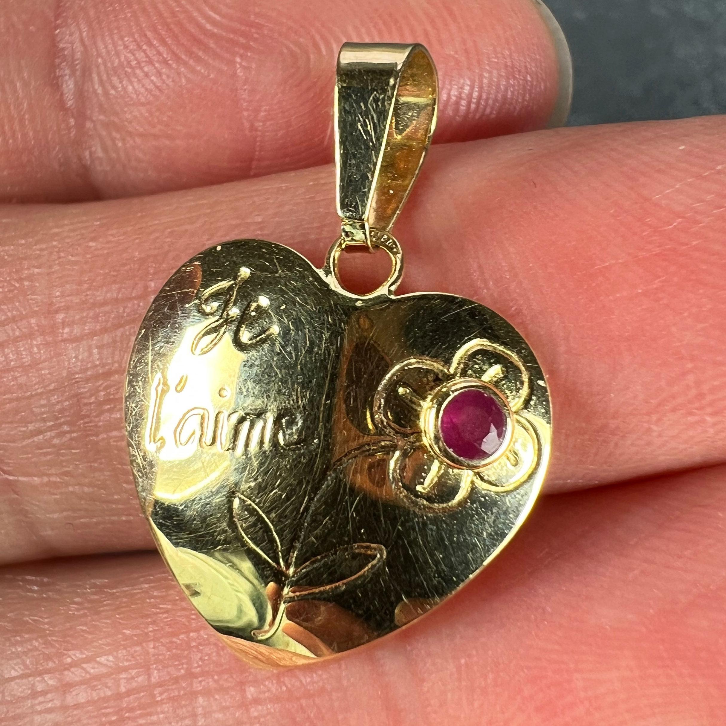 Women's or Men's French Je T'aime Flower Heart 18K Yellow Gold Ruby Love Charm Pendant For Sale