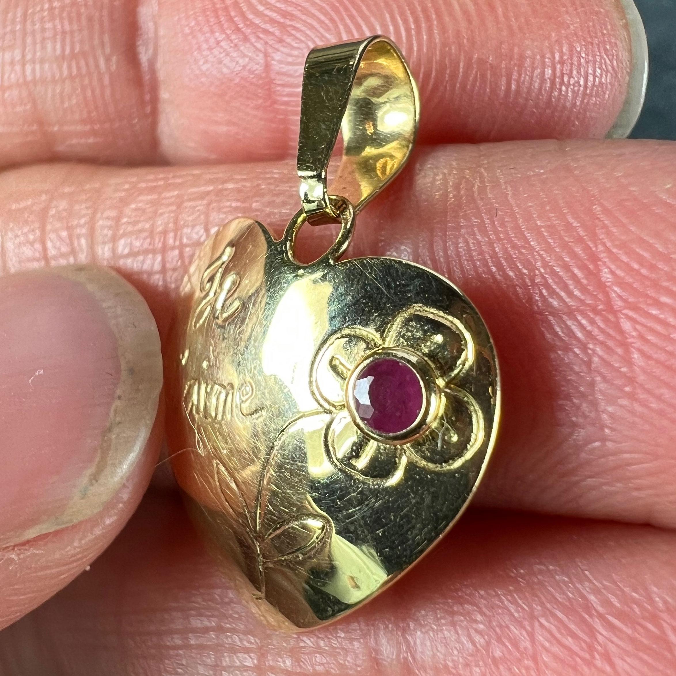 French Je T'aime Flower Heart 18K Yellow Gold Ruby Love Charm Pendant For Sale 1