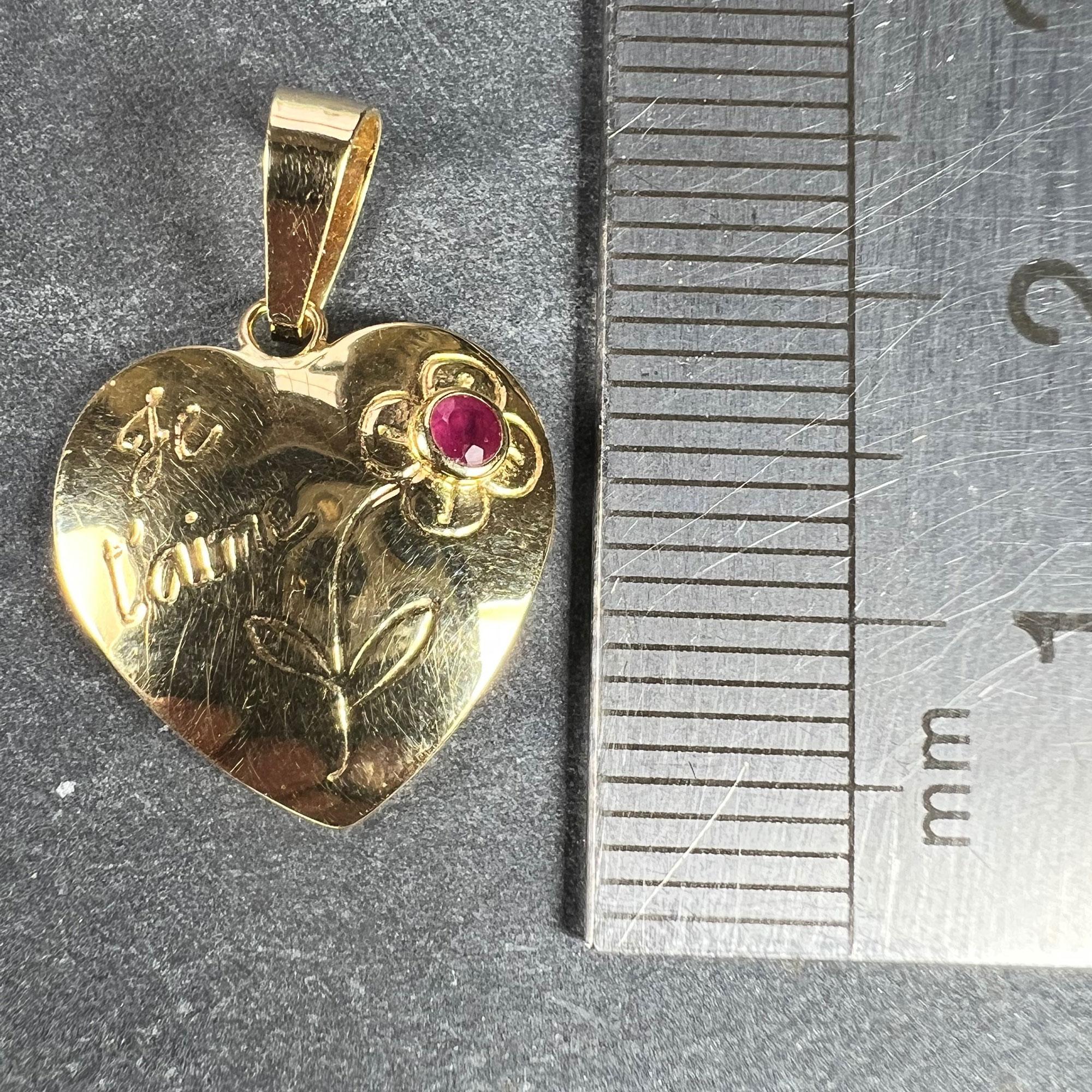 French Je T'aime Flower Heart 18K Yellow Gold Ruby Love Charm Pendant For Sale 4