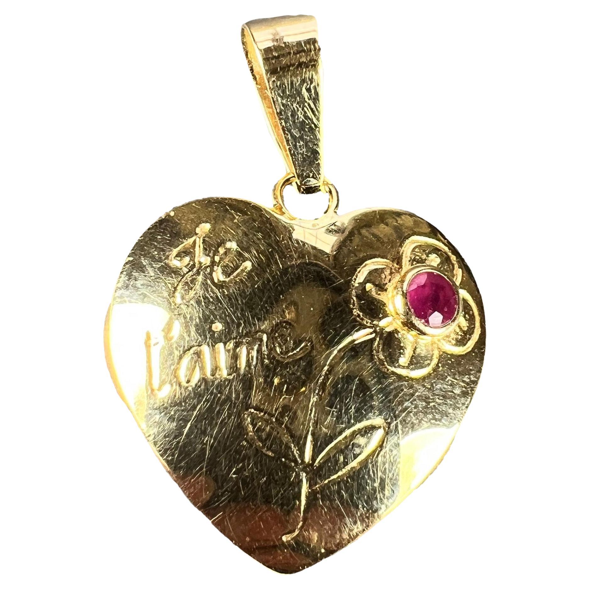 French Je T'aime Flower Heart 18K Yellow Gold Ruby Love Charm Pendant For Sale