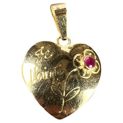 French Je T'aime Flower Heart 18K Yellow Gold Ruby Love Charm Pendant