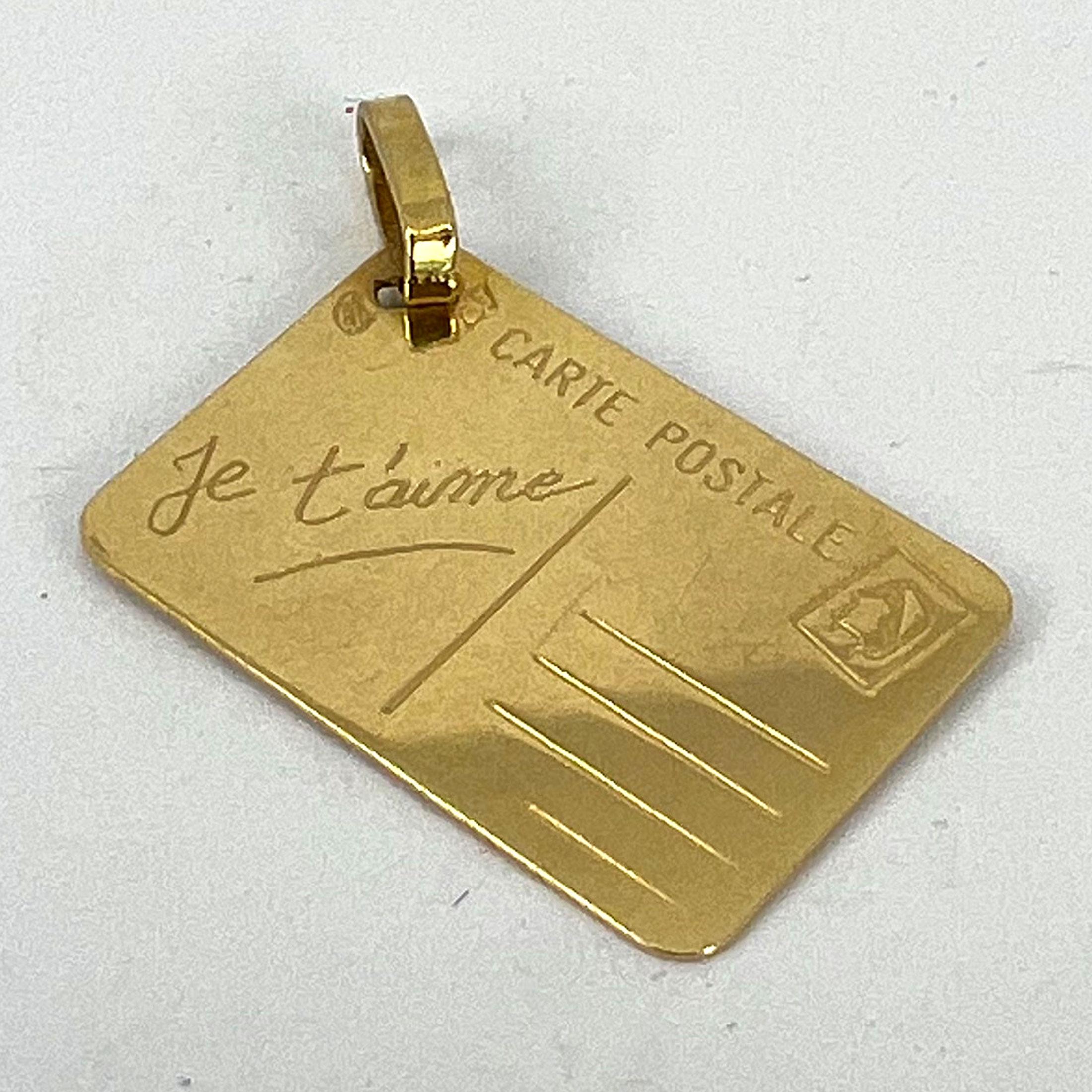 French Je T'aime Mother Postcard 18K Yellow Gold Love Charm Pendant 9