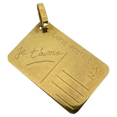 Vintage French Je T'aime Mother Postcard 18K Yellow Gold Love Charm Pendant