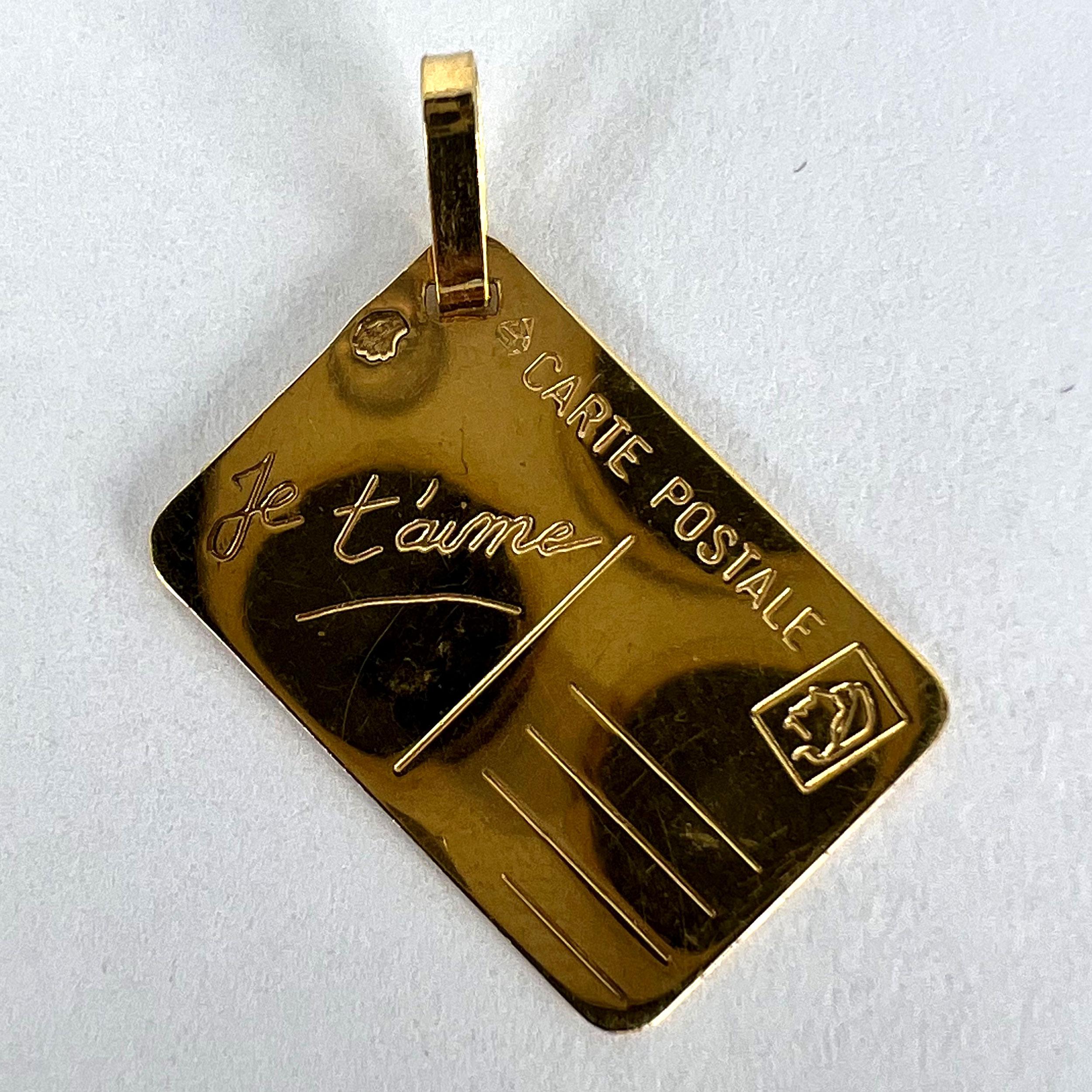 French Je T'aime Postcard 18K Yellow Gold Love Charm Pendant For Sale 7