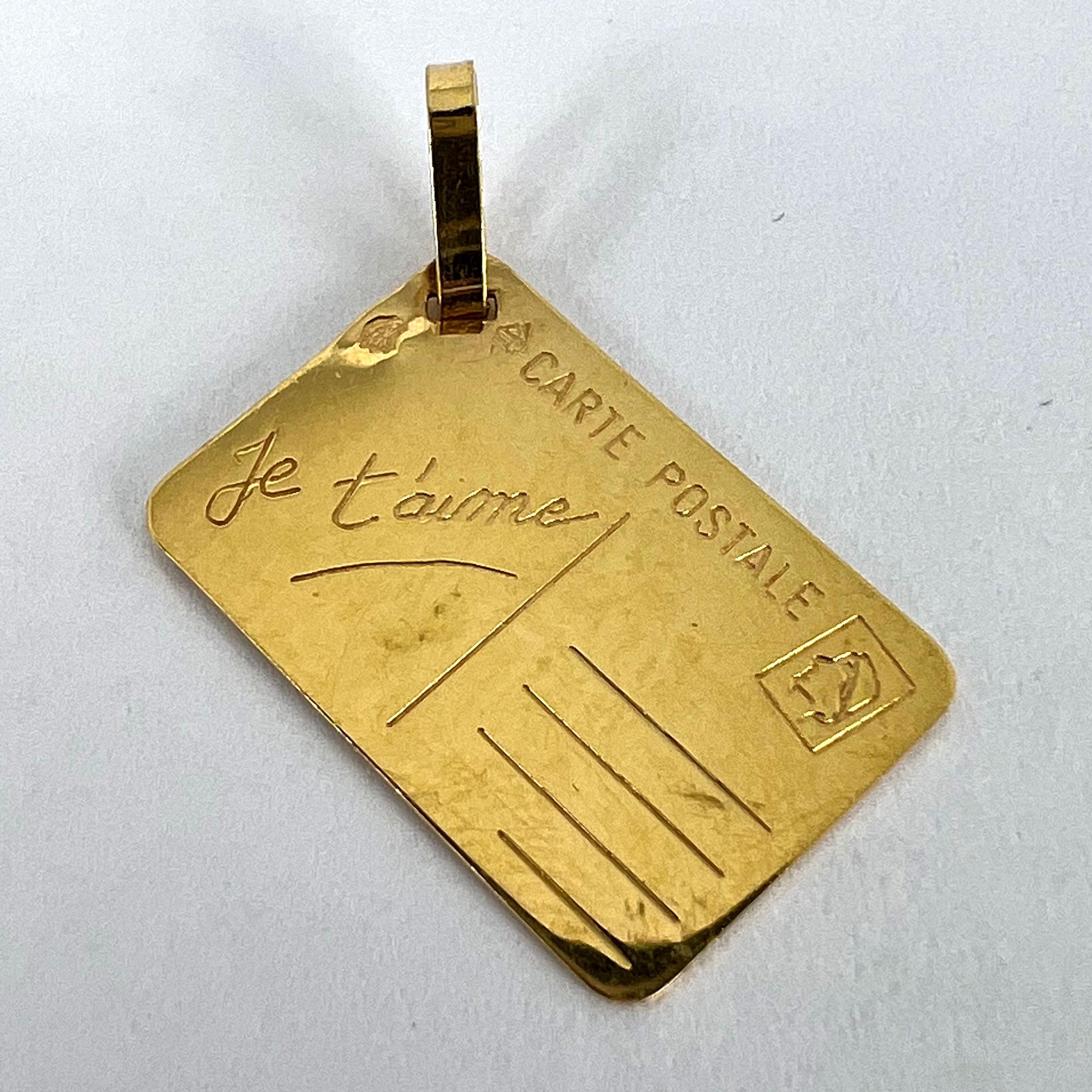 French Je T'aime Postcard 18K Yellow Gold Love Charm Pendant For Sale 8