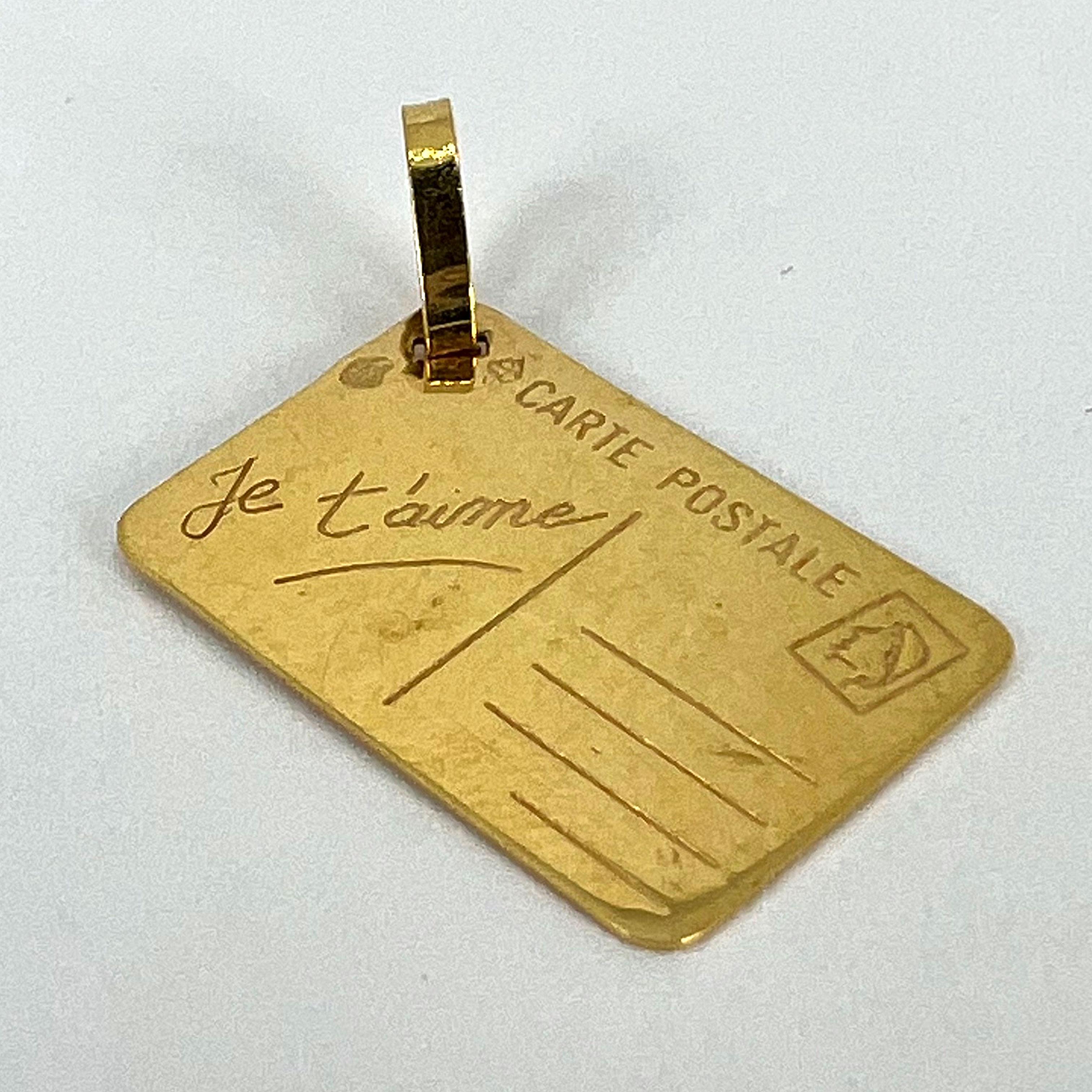 French Je T'aime Postcard 18K Yellow Gold Love Charm Pendant For Sale 9