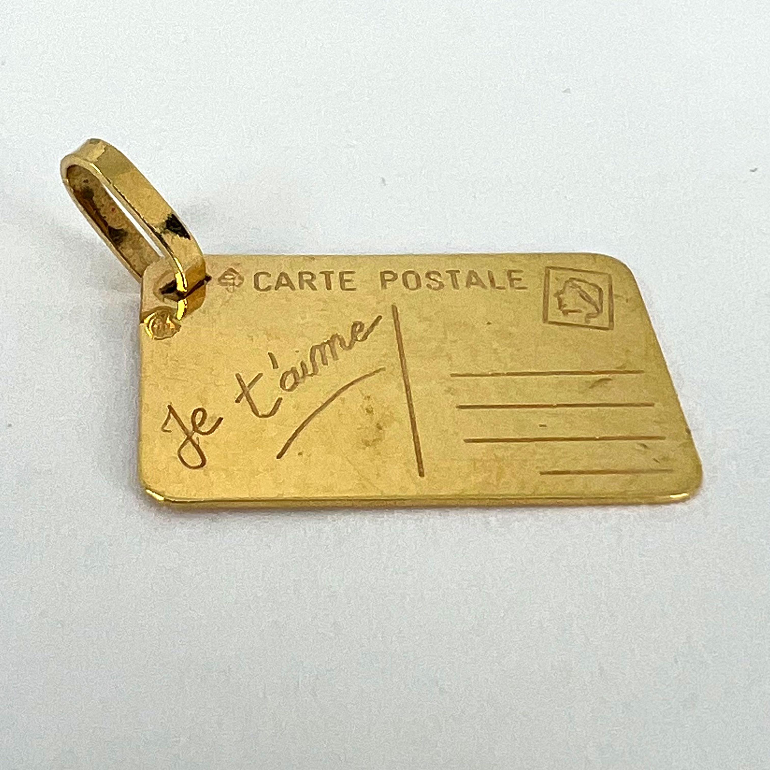 French Je T'aime Postcard 18K Yellow Gold Love Charm Pendant For Sale 10
