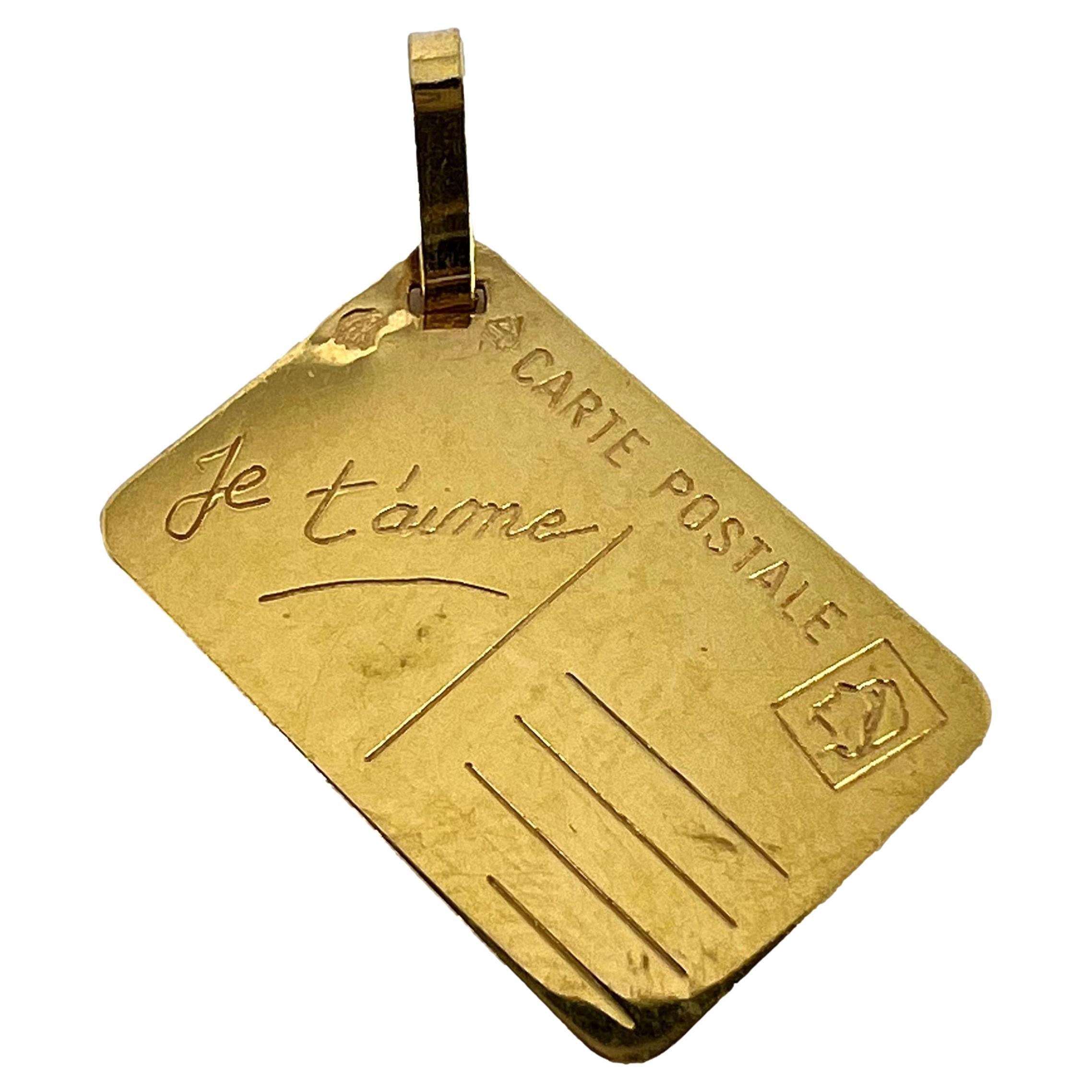 French Je T'aime Postcard 18K Yellow Gold Love Charm Pendant For Sale