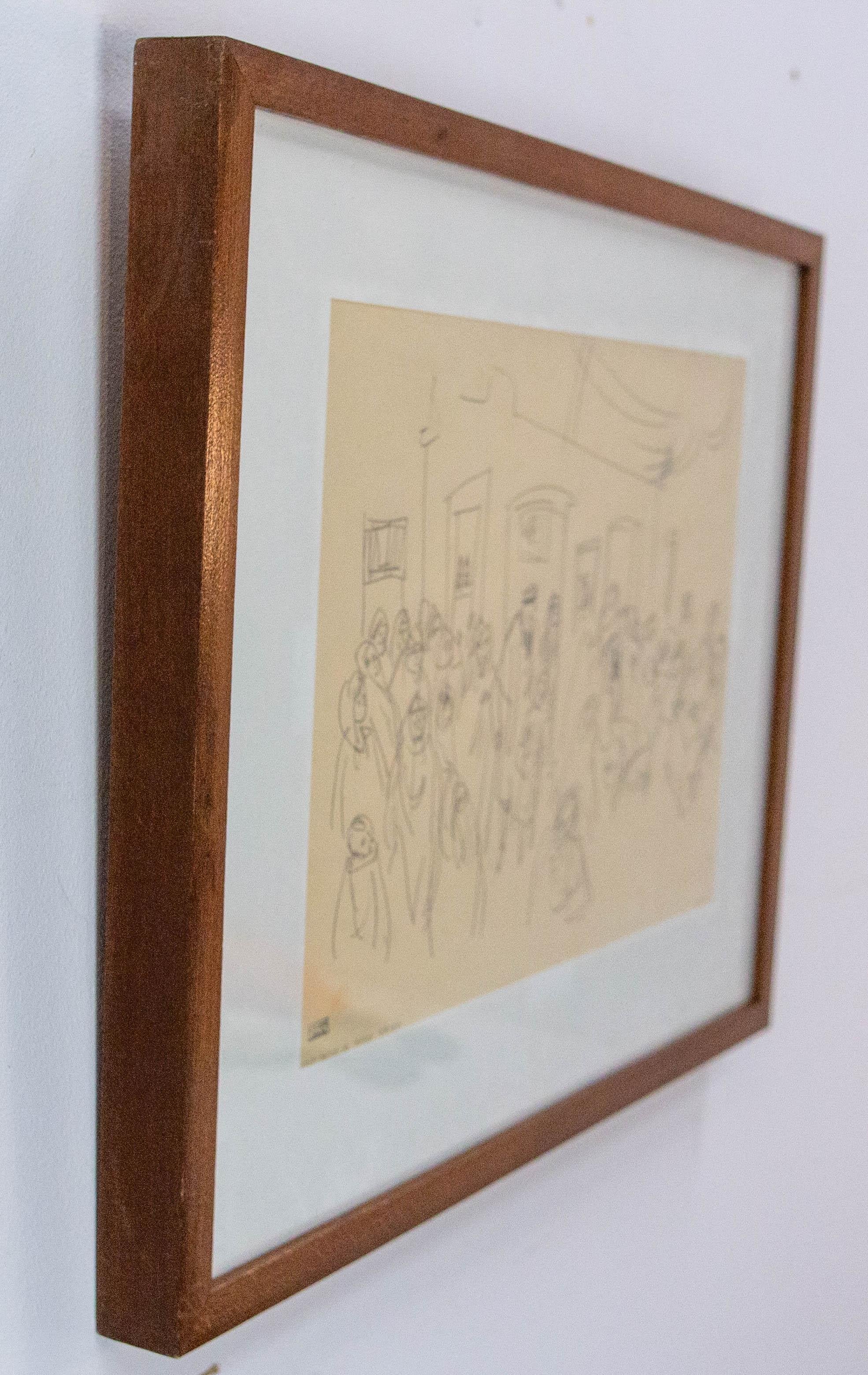 Französisch Jean Lanauve-Cluzeau Bleistiftzeichnung Jüdische Hochzeit in Hara Kbira, 1947 im Zustand „Gut“ im Angebot in Labrit, Landes