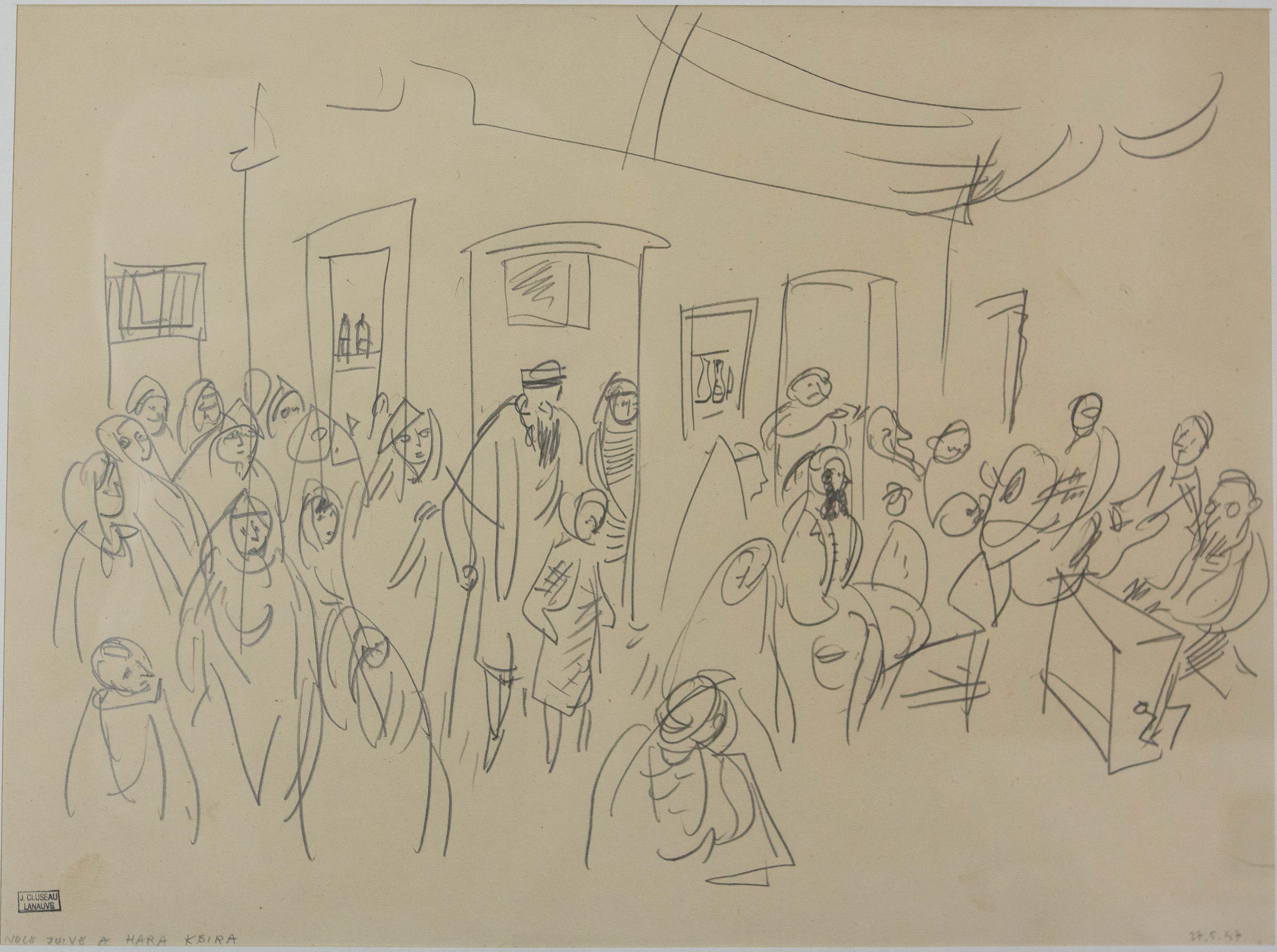 Französisch Jean Lanauve-Cluzeau Bleistiftzeichnung Jüdische Hochzeit in Hara Kbira, 1947 im Angebot 1