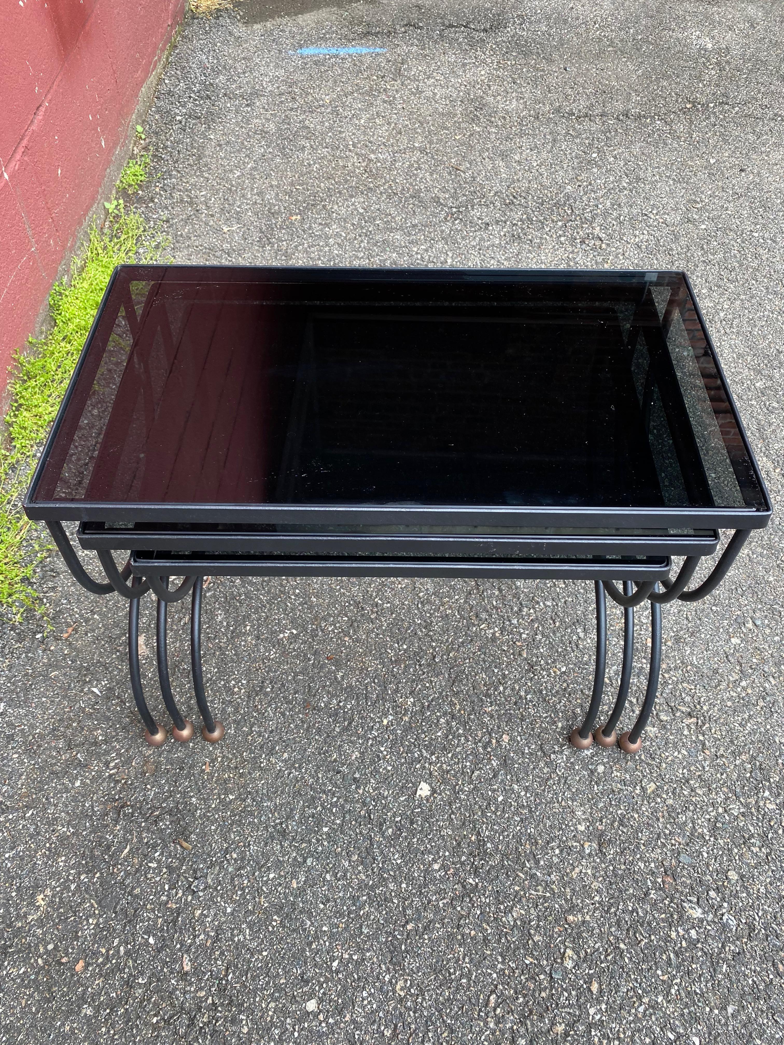 French Jean Royere style Mid-Century Nesting Tables with Glass Tops For Sale 7