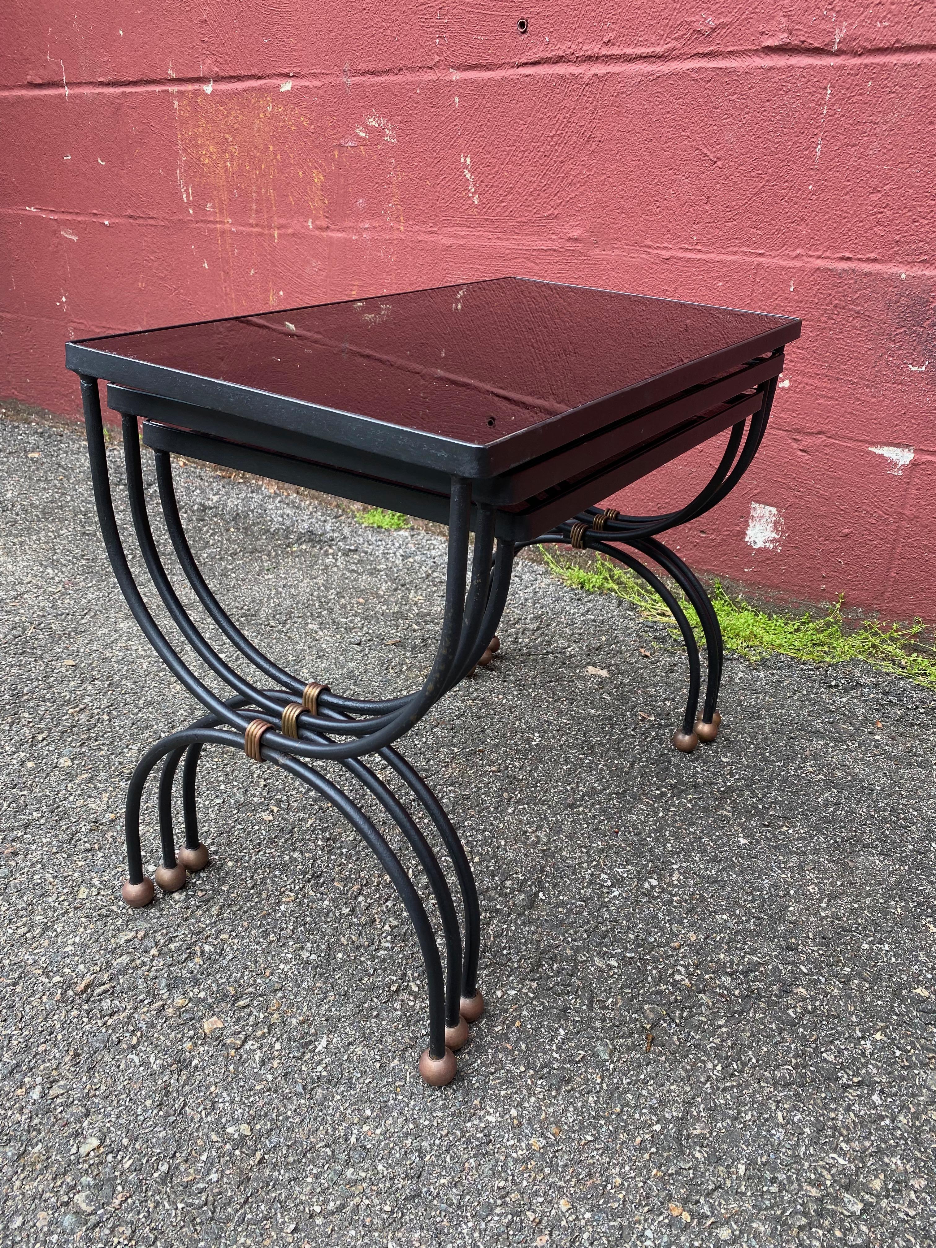French Jean Royere style Mid-Century Nesting Tables with Glass Tops For Sale 8