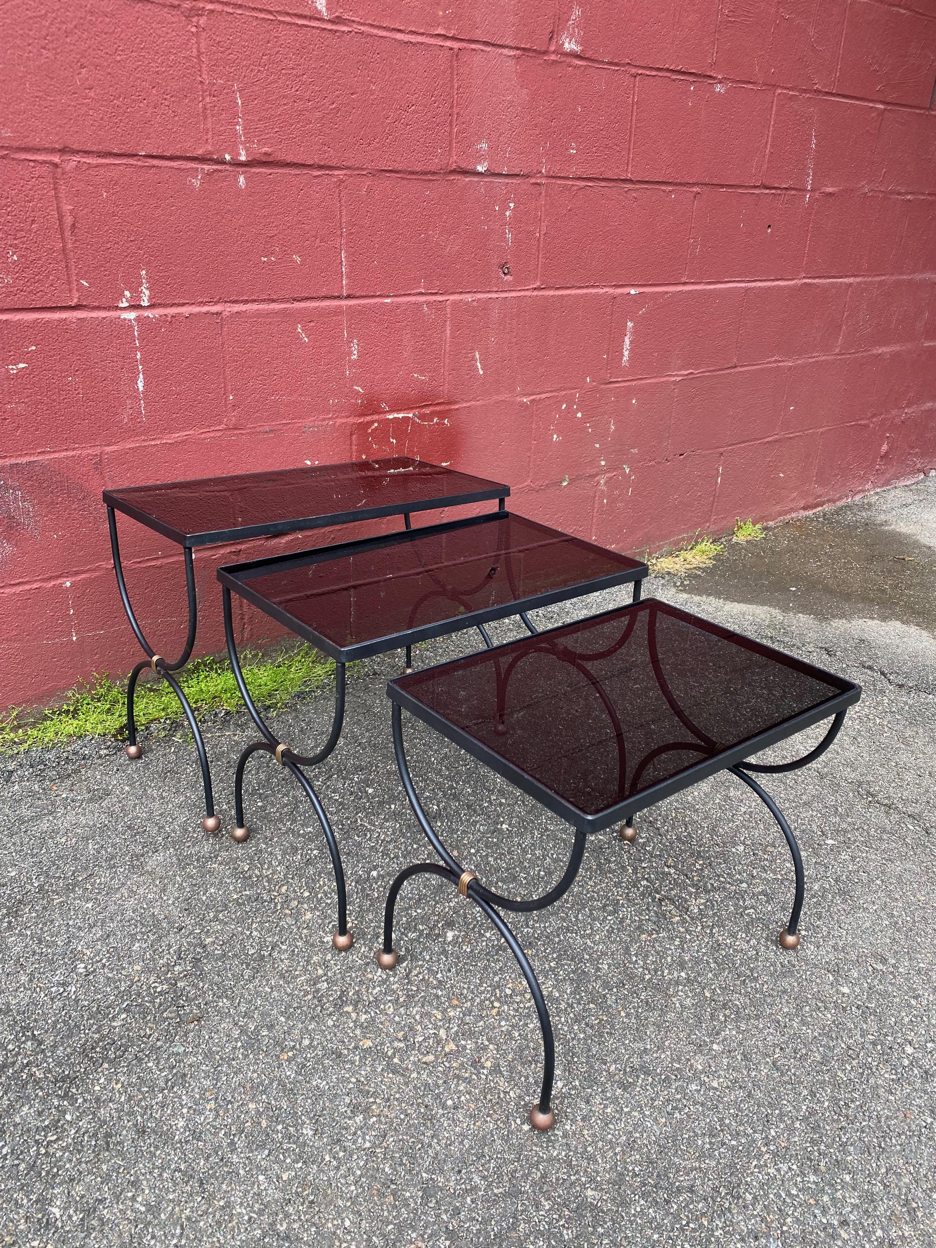 French Jean Royere style Mid-Century Nesting Tables with Glass Tops For Sale 9