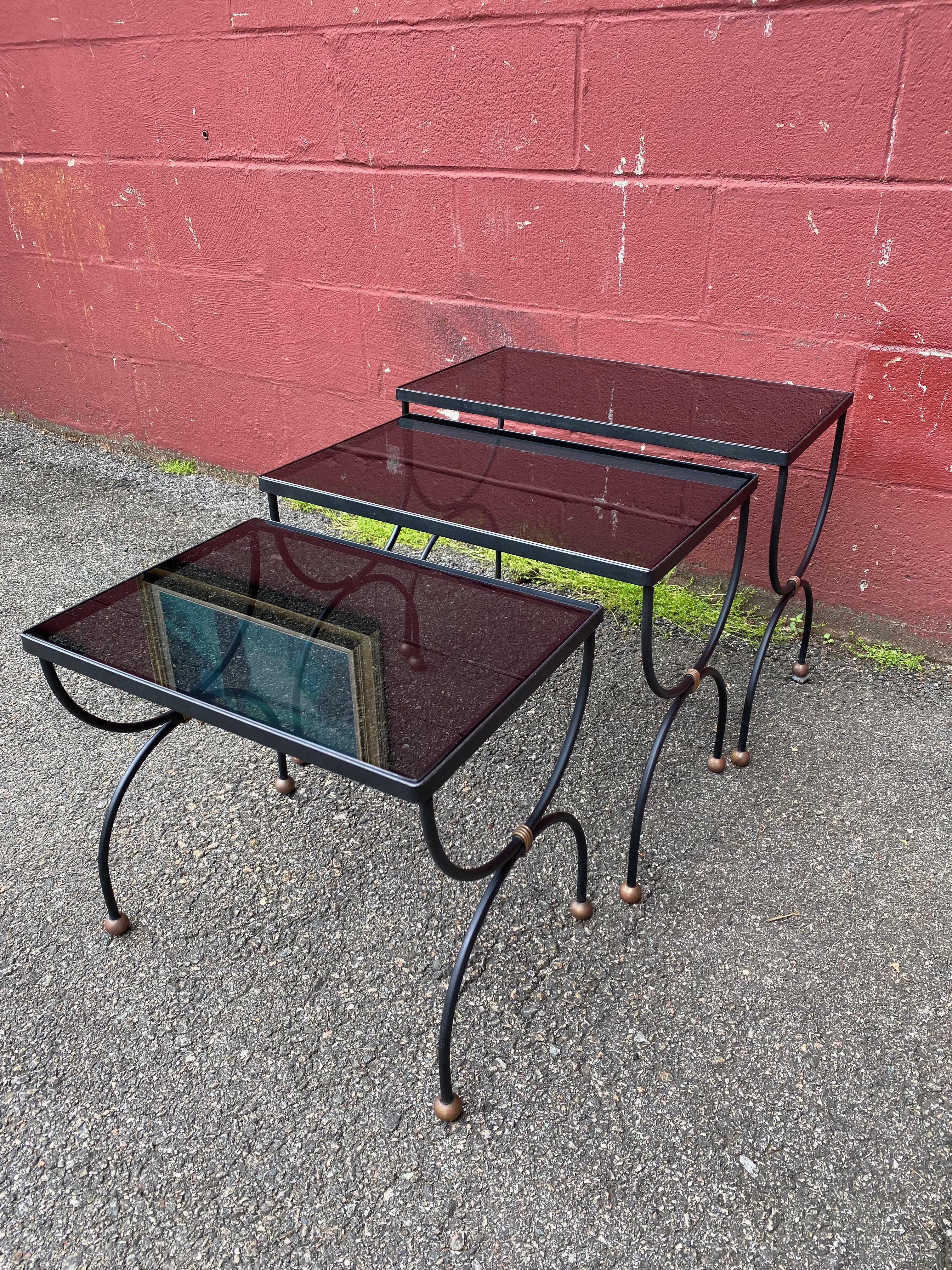 French Jean Royere style Mid-Century Nesting Tables with Glass Tops For Sale 10