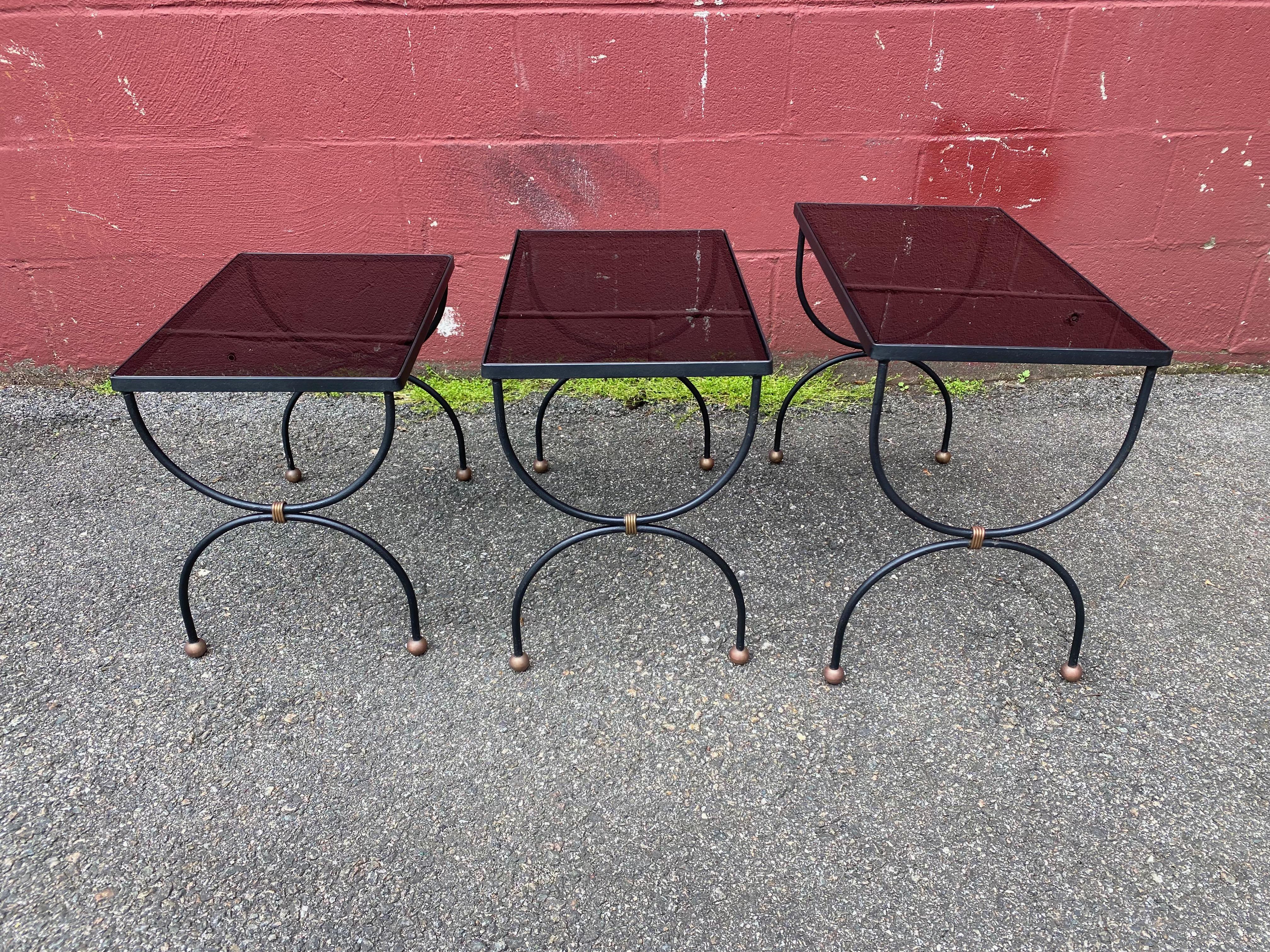 French Jean Royere style Mid-Century Nesting Tables with Glass Tops For Sale 1