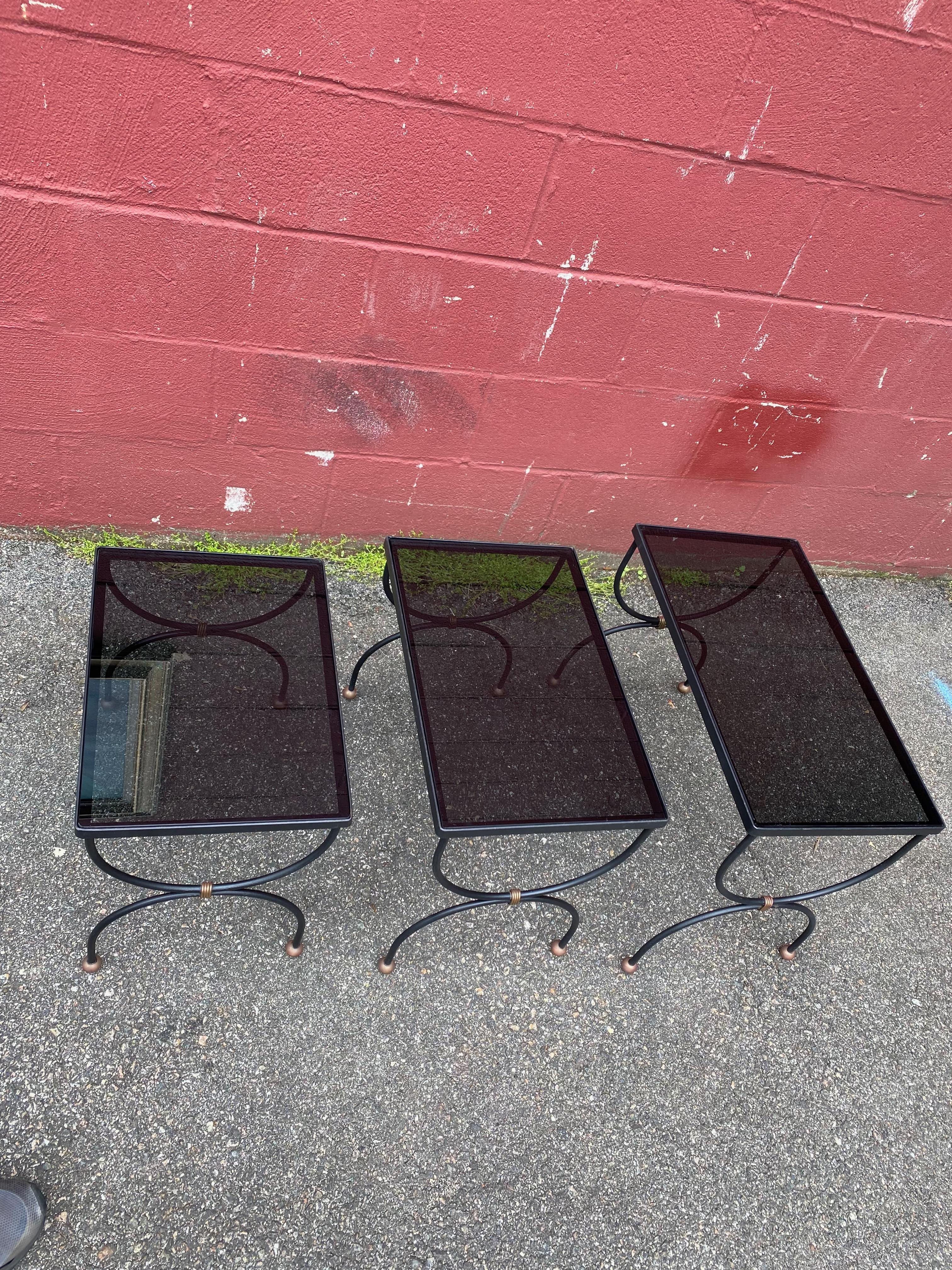 French Jean Royere style Mid-Century Nesting Tables with Glass Tops For Sale 2