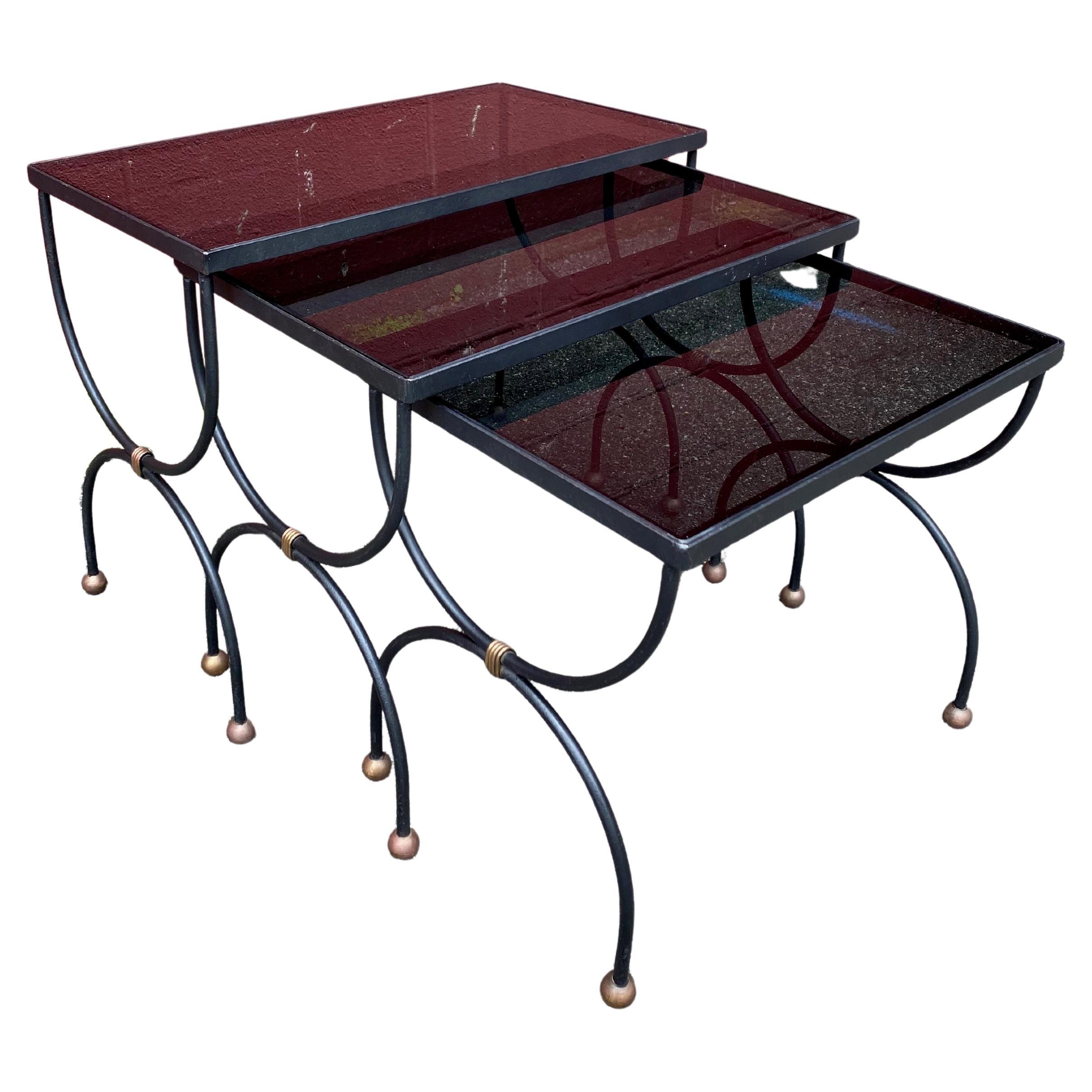 French Jean Royere style Mid-Century Nesting Tables with Glass Tops For Sale