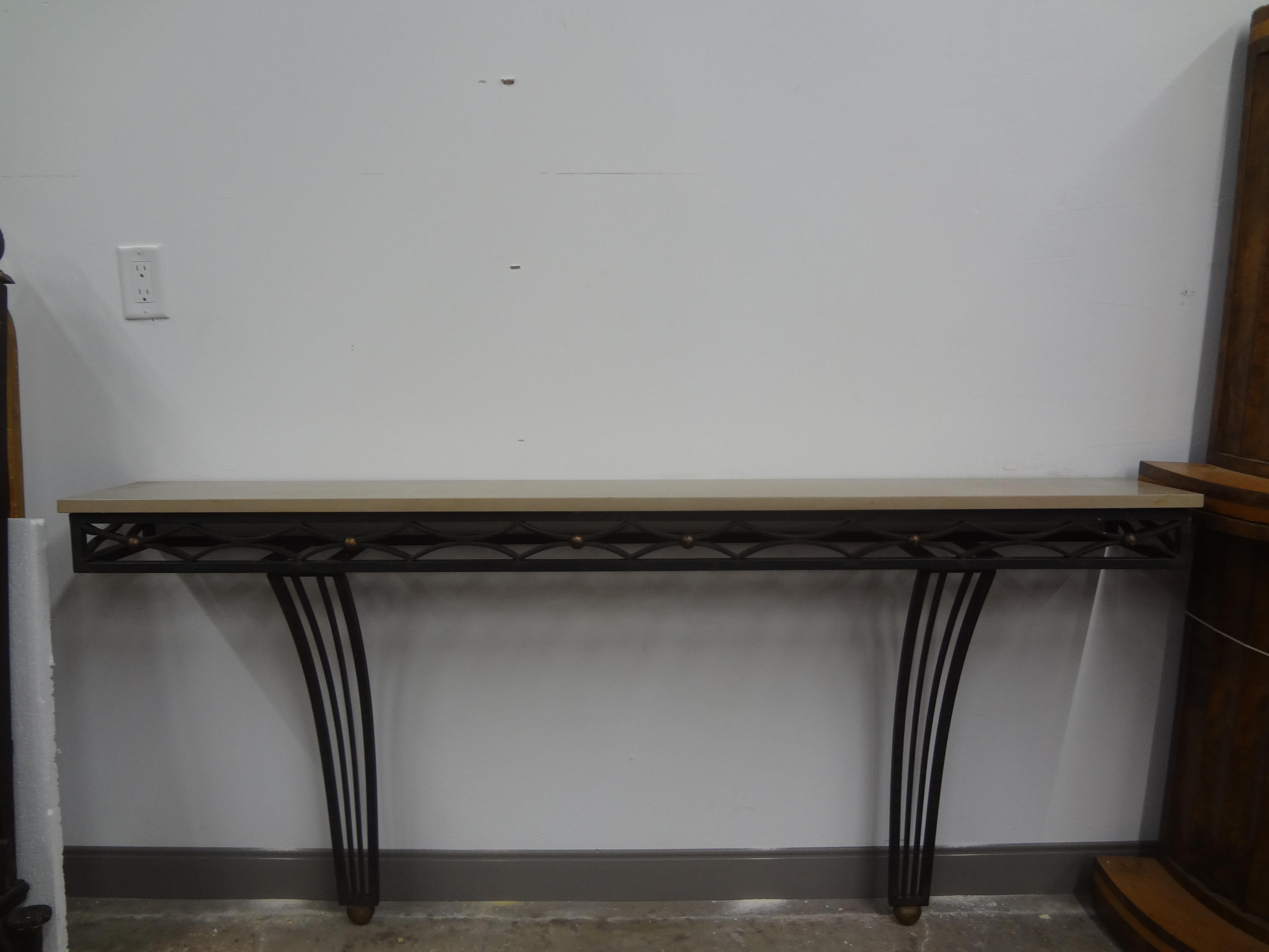 French Gilbert Poillerat Style Wrought Iron Console Table.
Stunning large French Art Deco Gilbert Poillerat inspired hand forged iron console table with marble top. This handsome Neoclassical style geometric iron console table with gilt iron