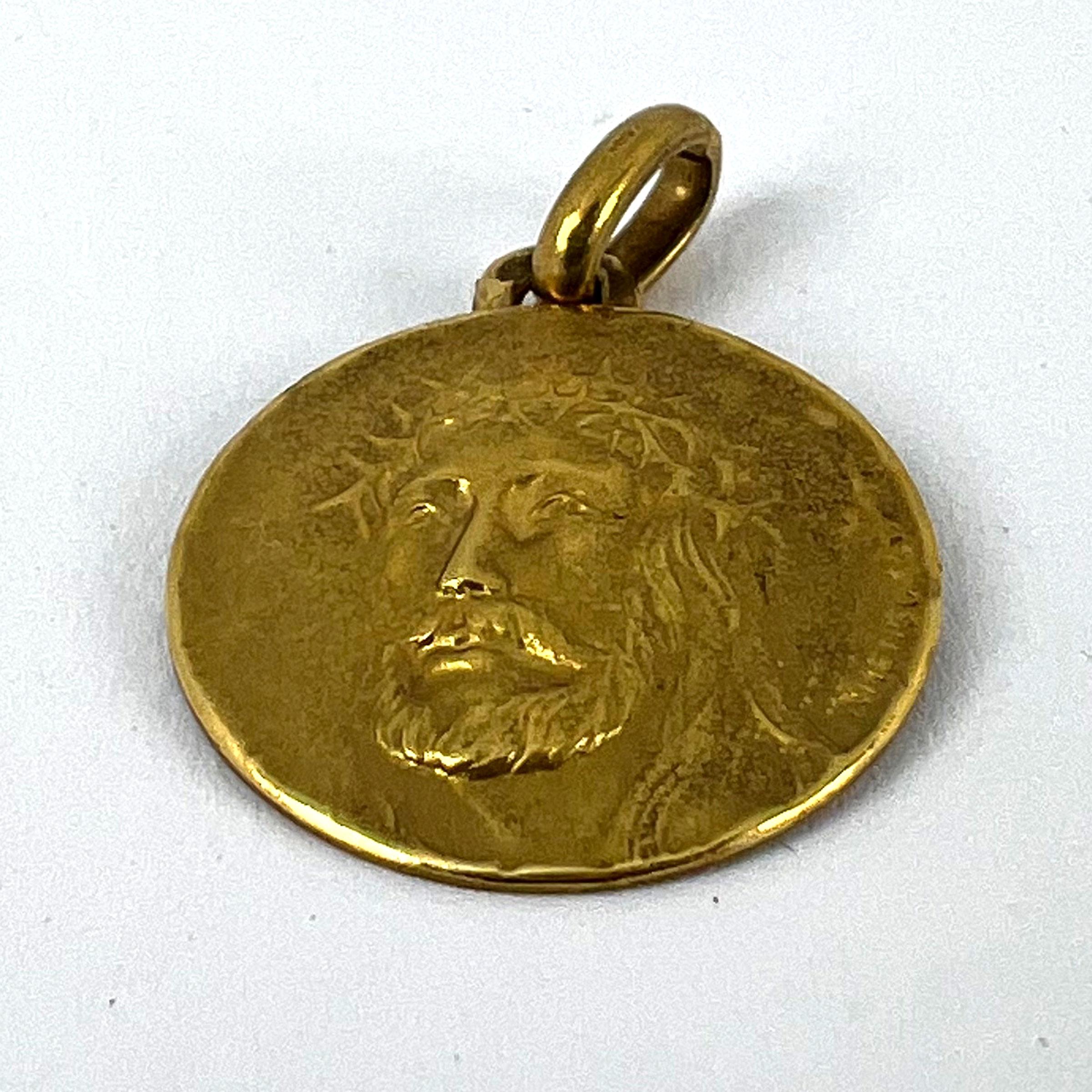 French Jesus Christ Crown of Thorns 18K Yellow Gold Medal Charm Pendant For Sale 6