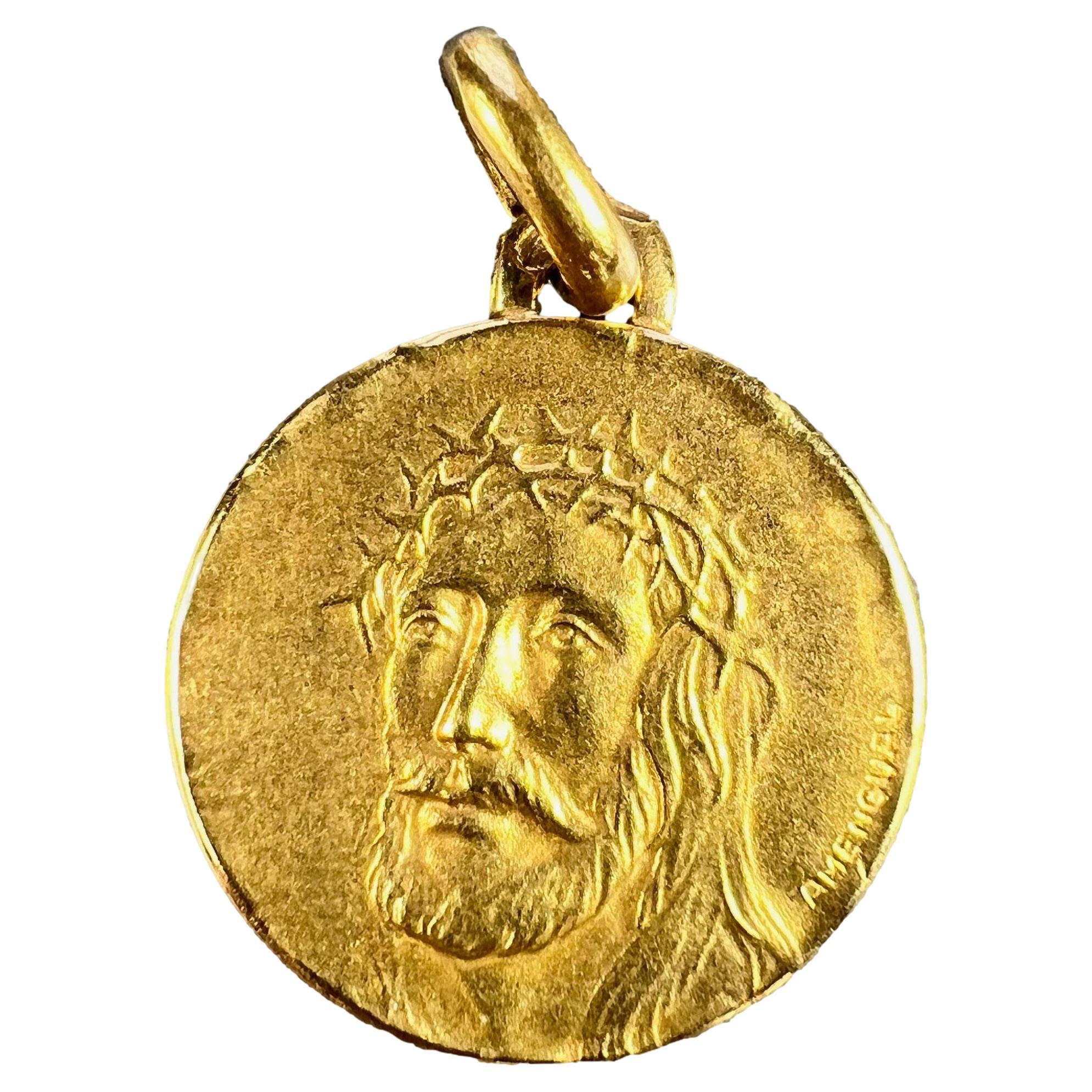 French Jesus Christ Crown of Thorns 18K Yellow Gold Medal Charm Pendant For Sale