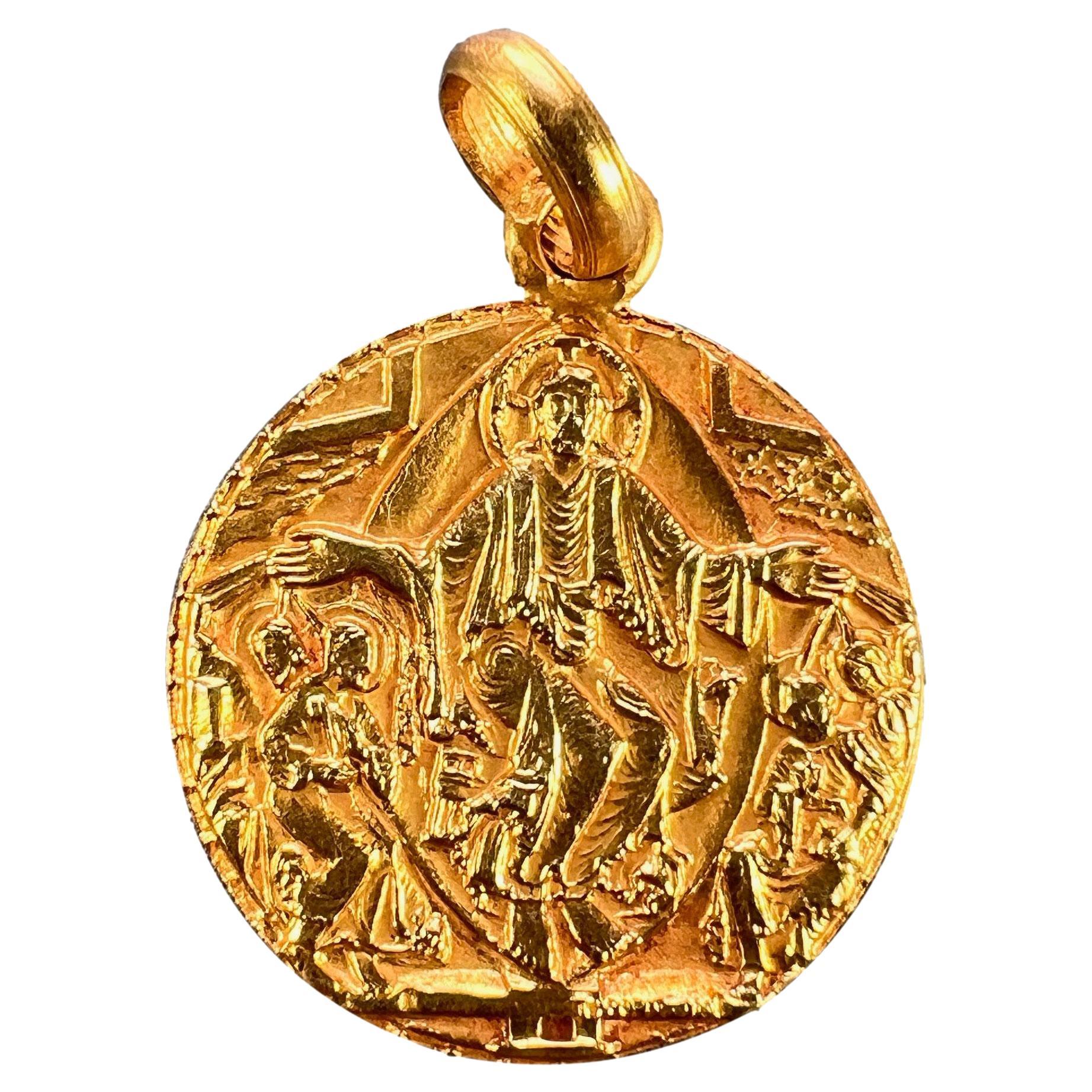 French Jesus Christ on Throne 18K Yellow Gold Medal Pendant For Sale