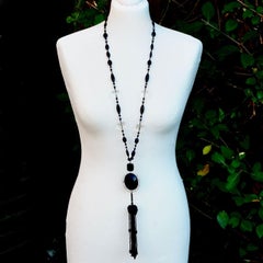 French Jet and Clear Beaded Sautoir Necklace with Oval Pendant and Tassel 1920s