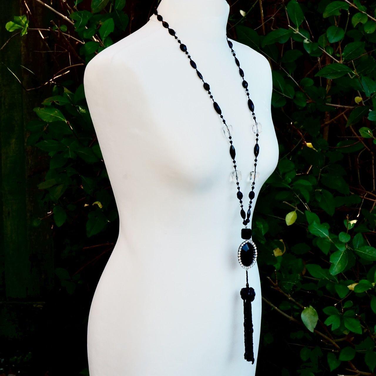 Art Deco French Jet and Clear Beaded Necklace with Oval Pendant and Tassel circa 1920s For Sale
