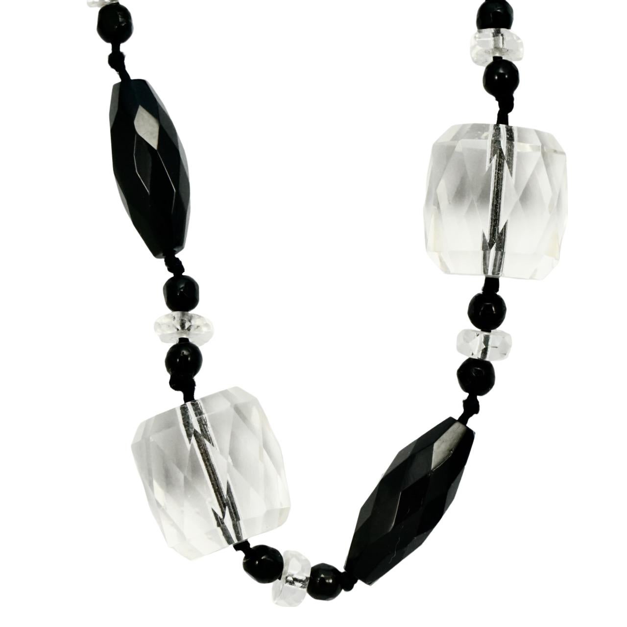 French Jet and Clear Beaded Necklace with Oval Pendant and Tassel circa 1920s For Sale 3