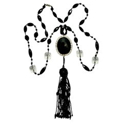 French Jet and Clear Beaded Necklace with Oval Pendant and Tassel circa 1920s