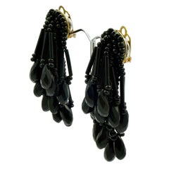 French Jet Beaded Drop Clip On Earrings 1960s