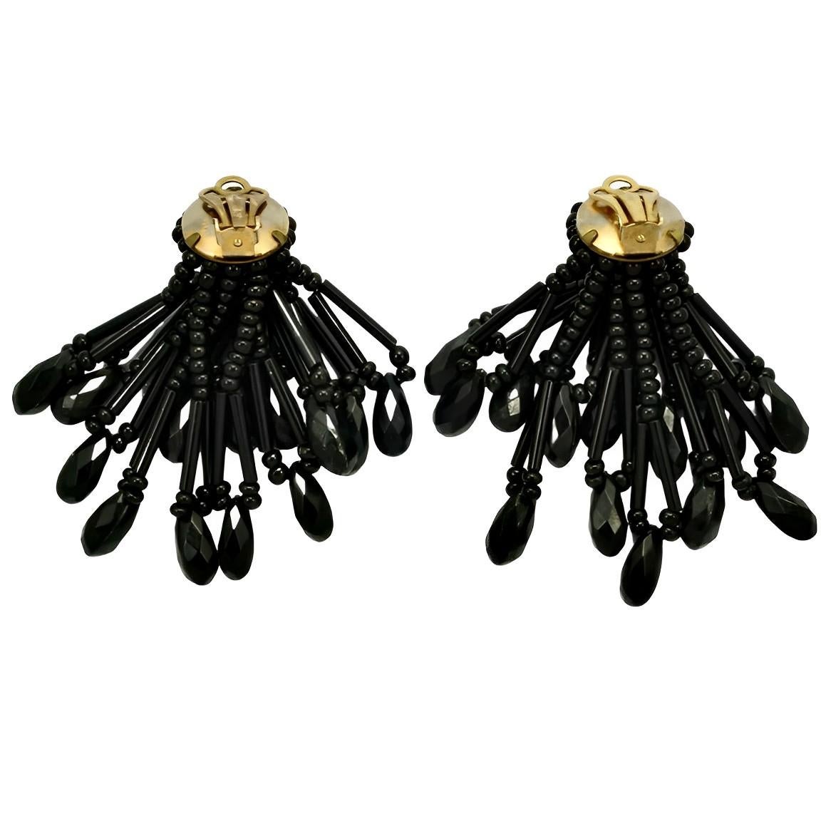 French Jet Beaded Drop Clip On Earrings 1960s For Sale 1