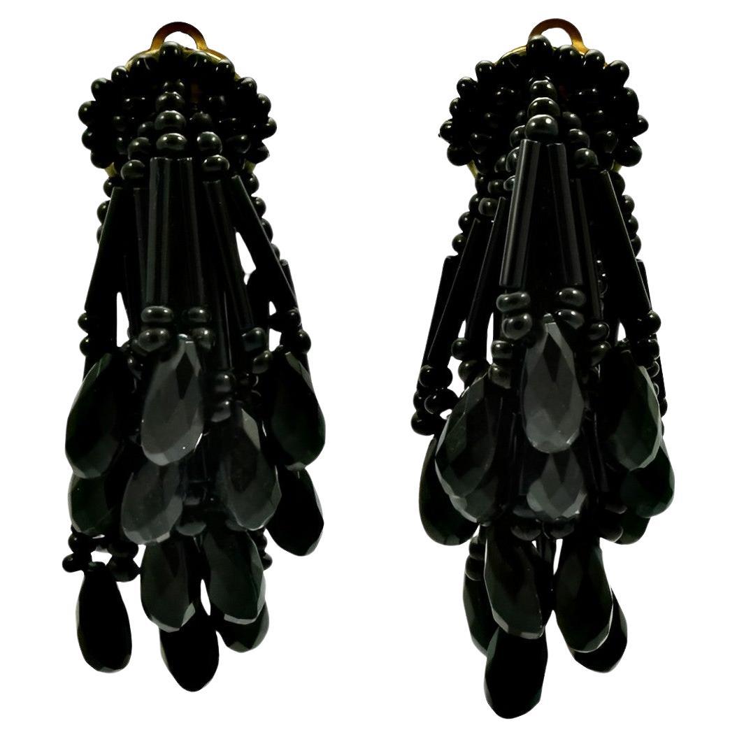 French Jet Beaded Drop Clip On Earrings 1960s For Sale