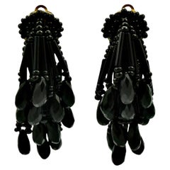Vintage French Jet Beaded Drop Clip On Earrings 1960s
