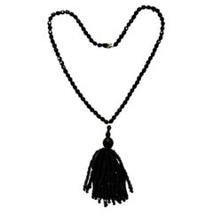 Vintage French Jet Faceted Bead Necklace with Tassel Pendant