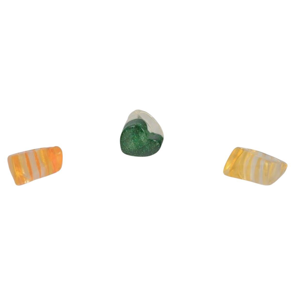 French jewelry artist. Three striped plastic designer rings. 1960s/70s