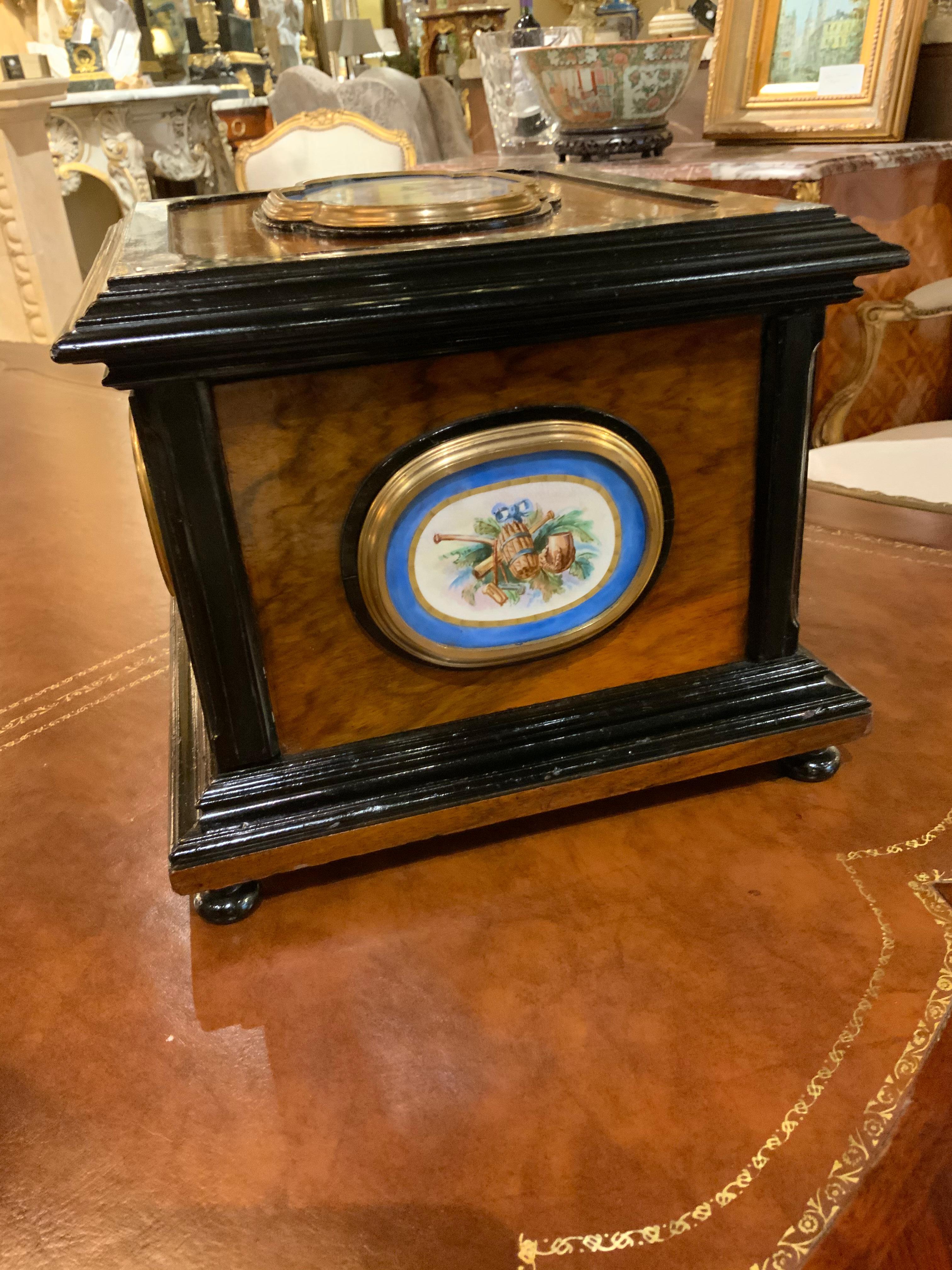 French Jewelry Box with Sevres-Style Porcelain Mounts in a Walnut Case In Good Condition For Sale In Houston, TX