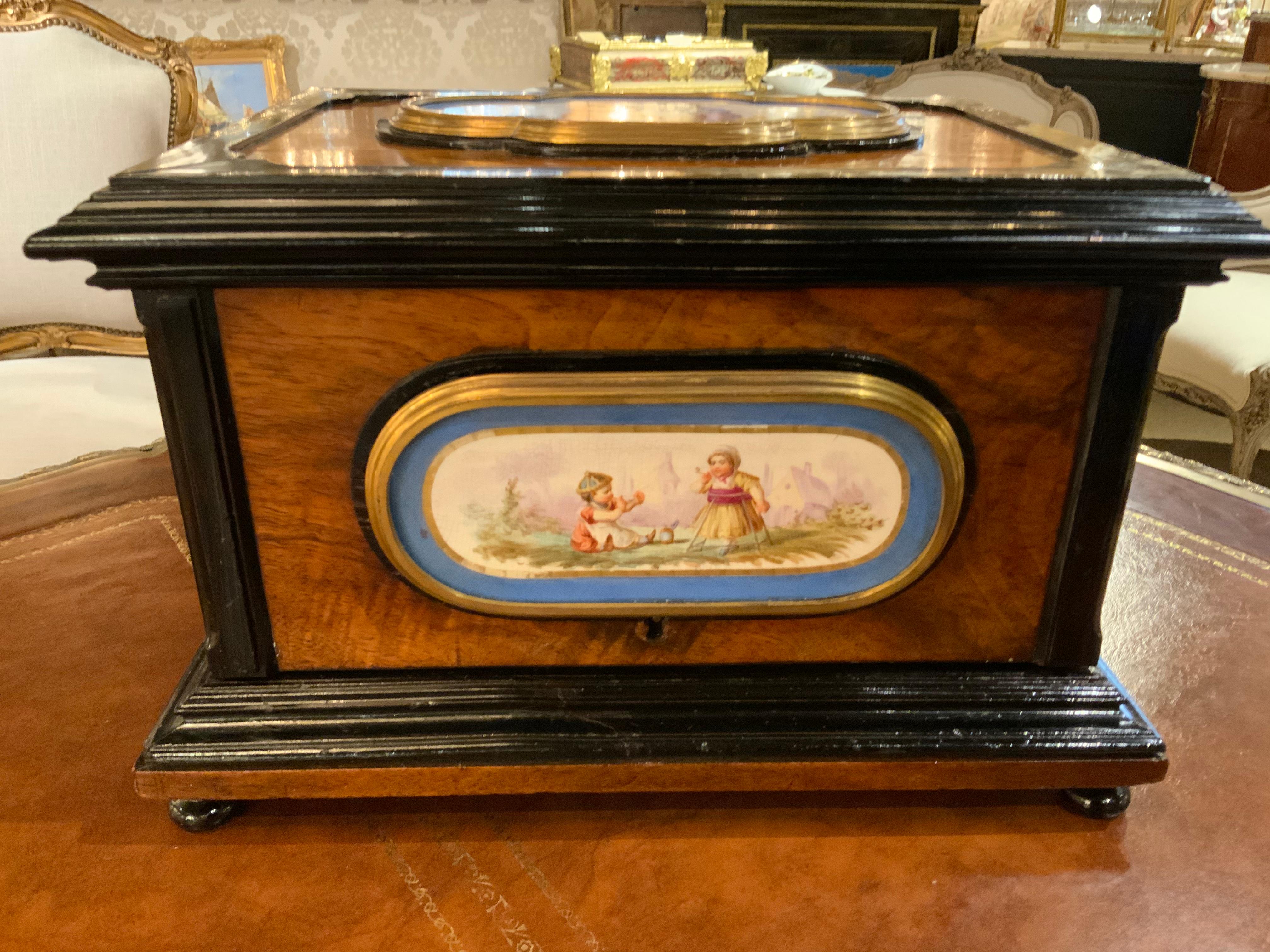 Late 19th Century French Jewelry Box with Sevres-Style Porcelain Mounts in a Walnut Case For Sale