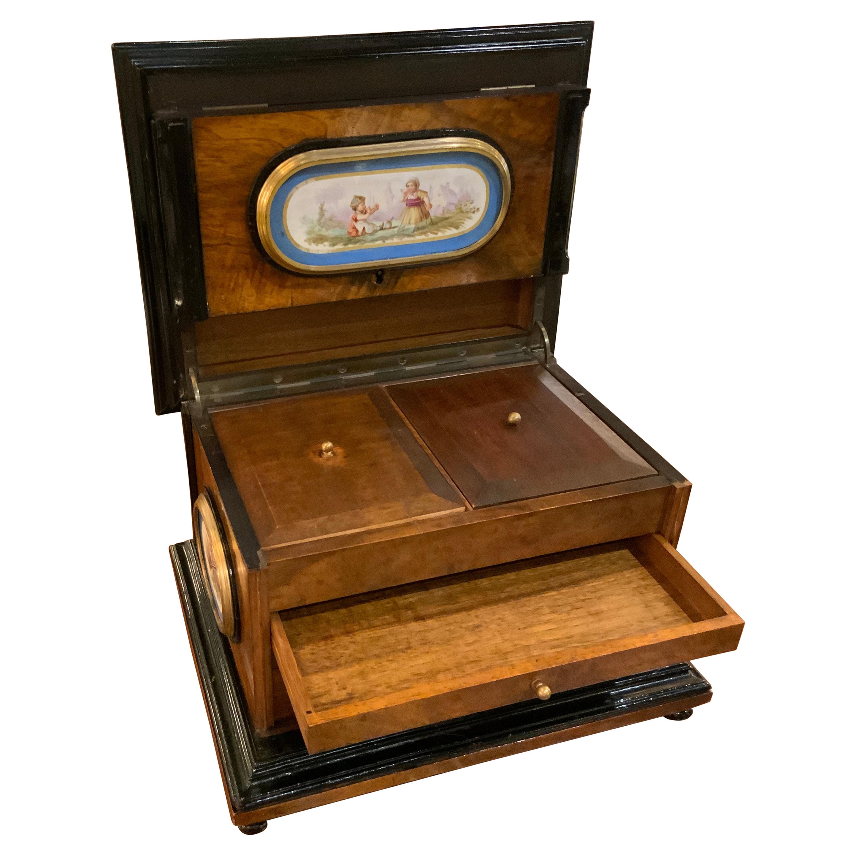 French Jewelry Box with Sevres-Style Porcelain Mounts in a Walnut Case For Sale