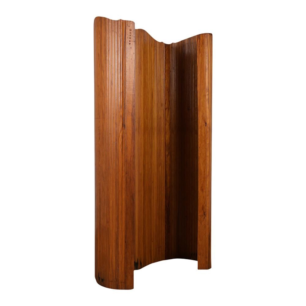 Freestanding room divider features pitch pine wood lamels with the original clear stain. This screen divider has been refurbished, waxed, and polished showing a beautiful patina.