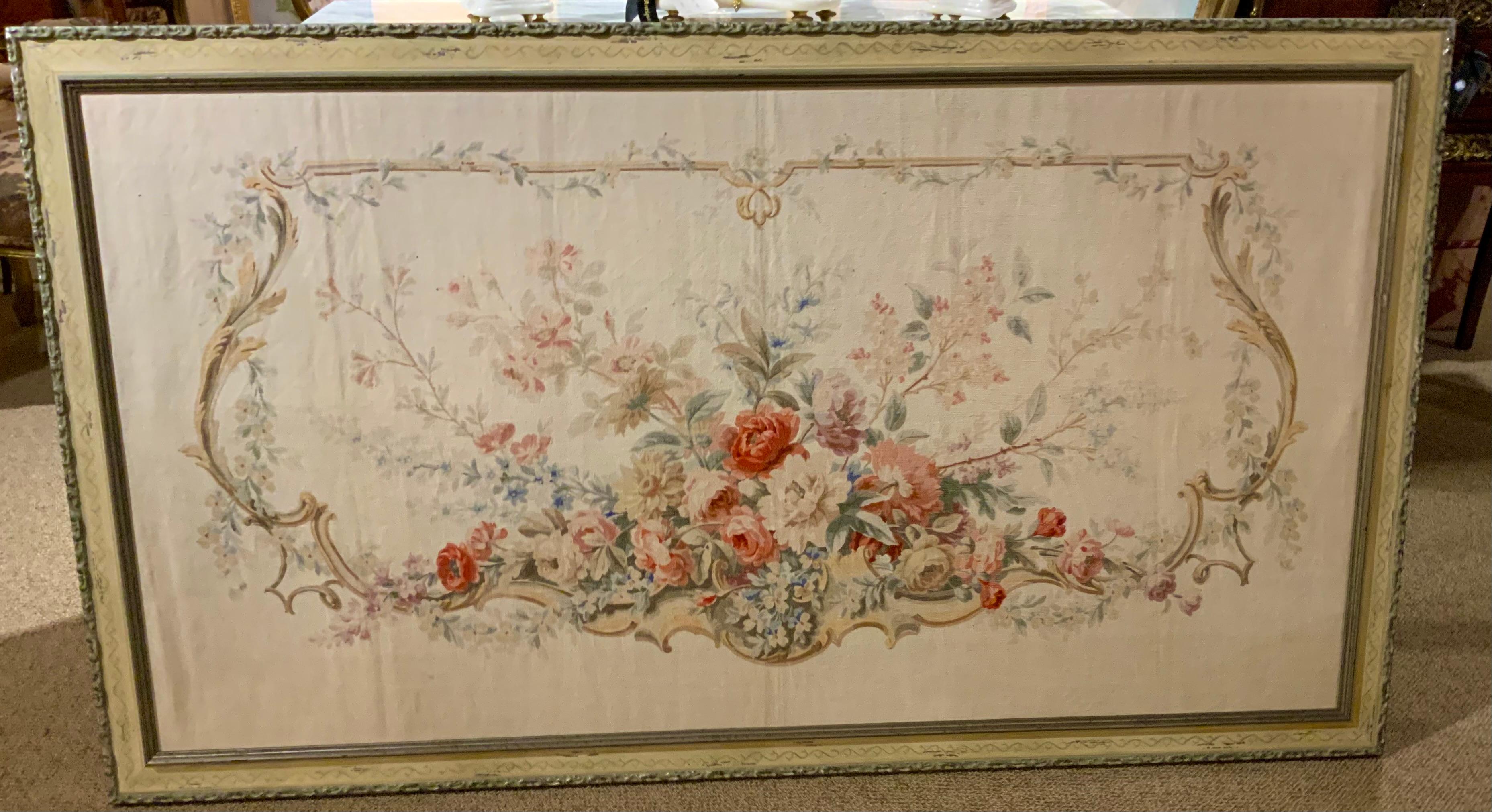 Hand-Painted French kartoun / painted floral tapestry on linen with custom painted frame For Sale