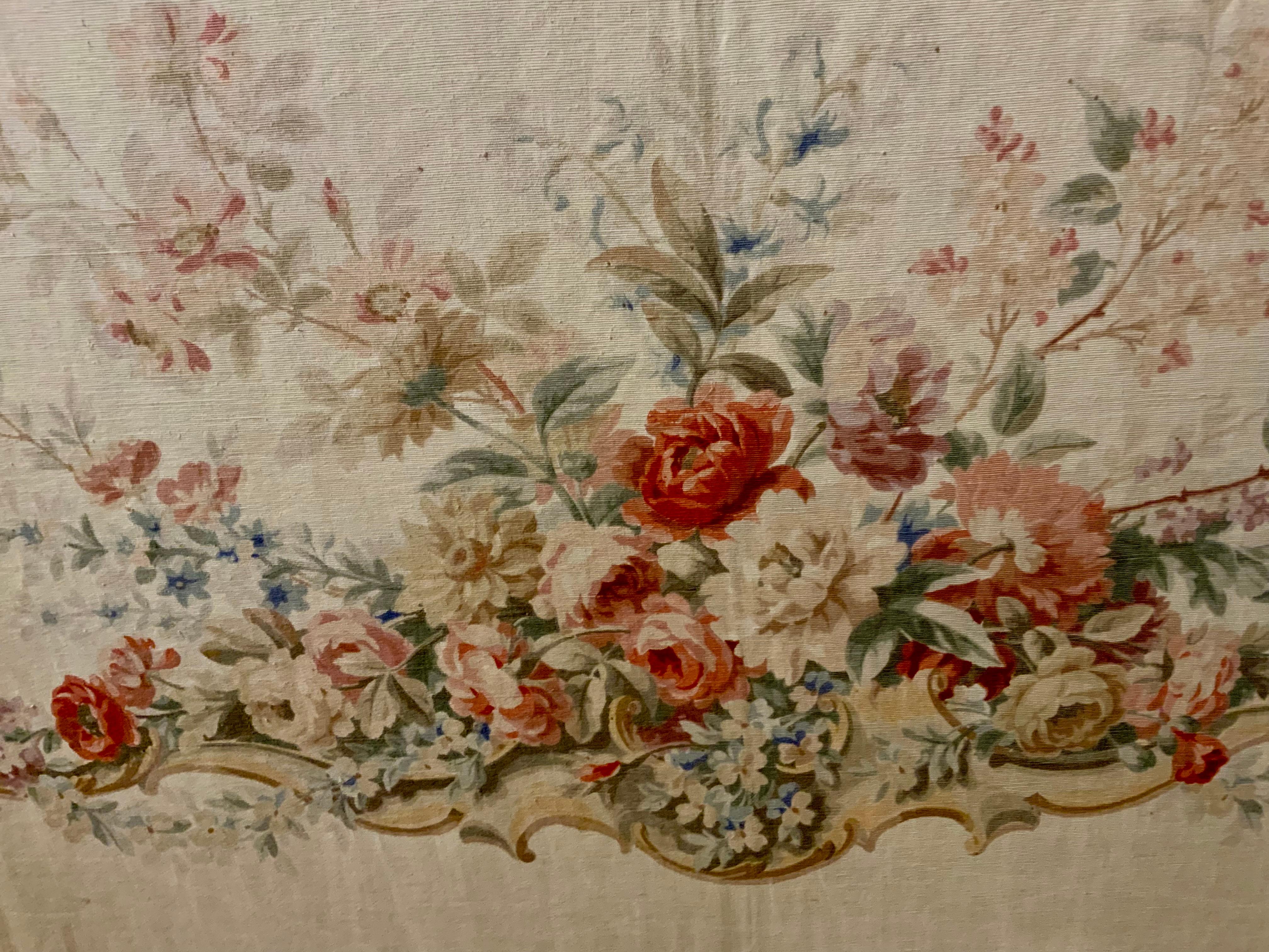 20th Century French kartoun / painted floral tapestry on linen with custom painted frame For Sale