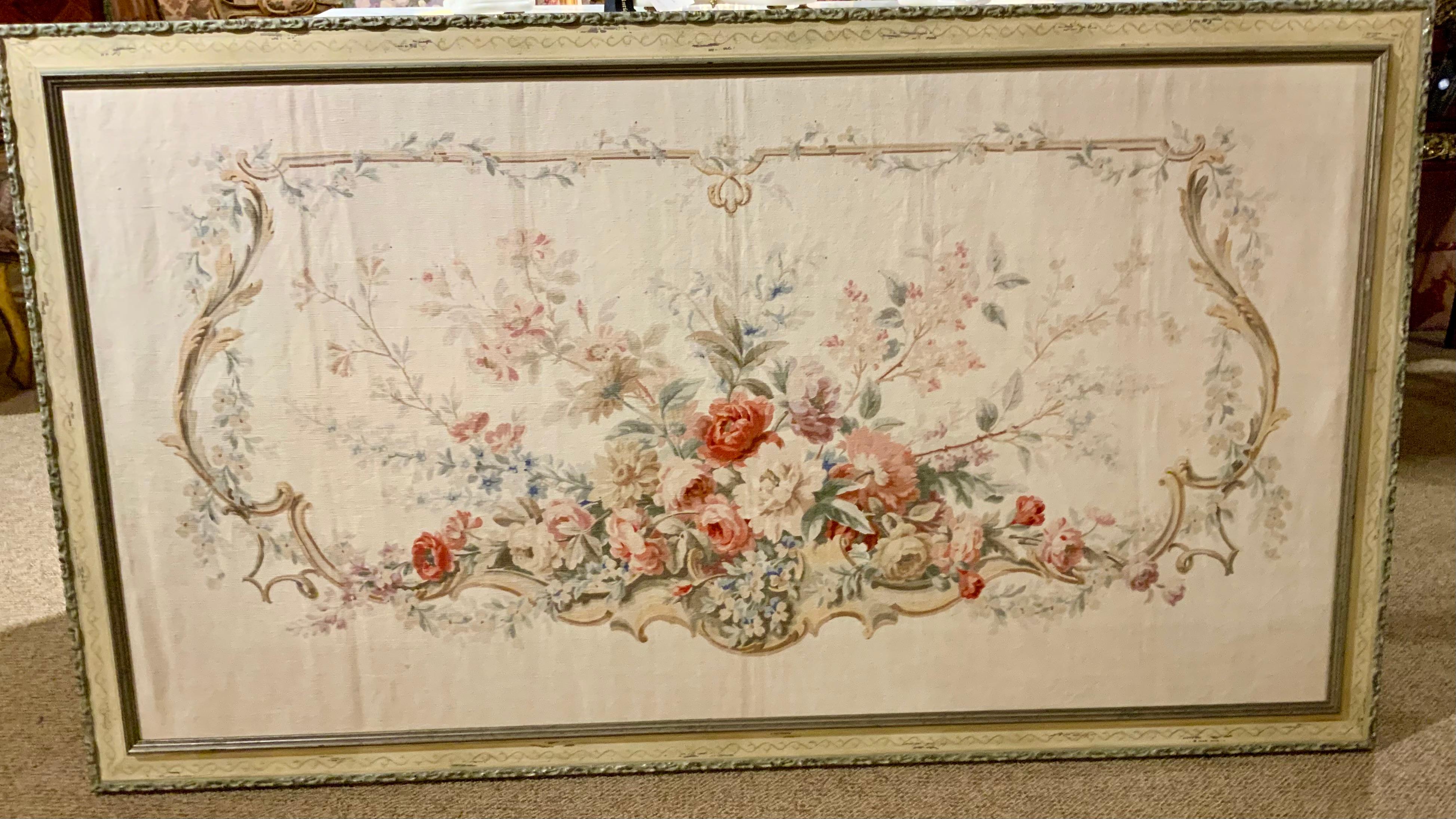 Linen French kartoun / painted floral tapestry on linen with custom painted frame For Sale