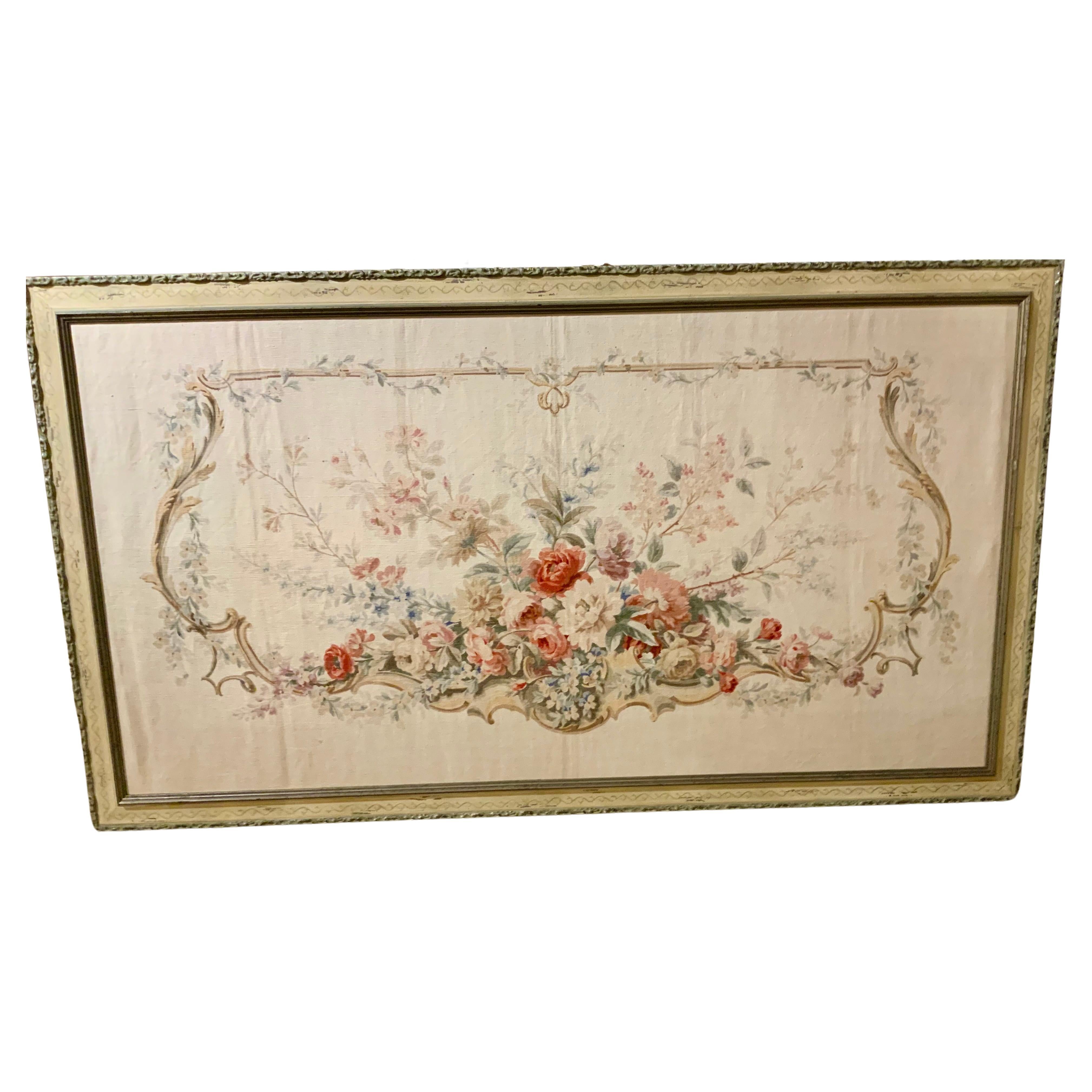 French kartoun / painted floral tapestry on linen with custom painted frame For Sale